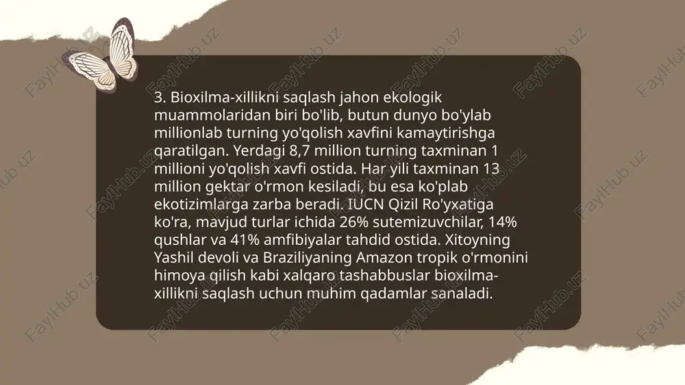 . bu manbalardan foydalanish atrof-muhitga zarar yetkazmasdan energiya yetkazib berishni oshirishi mumkin. quyosh energiyasi bo'yicha o'zbekistonga yiliga taxminan 51 milliard kvt-s elektr energiyasini ishlab chiqarish imkoniyati bor. ... t.me/slaydai_bot barqaror rivojlanish va ekologik siyosatlar atrof-muhitni saqlash va ijtimoiy-iqtisodiy taraqqiyotni muvozanatlashga qaratilgan. o‘zbekiston barqaror rivojlanish maqsadlarini qo‘llab-quvvatlab, 2030-yilgacha energiyani 25% samarali ishlab chiqarishni ko‘zlamoqda. 2021-yilda mamlakatda 500 ming tonna chiqindilarni qayta ishlash amalga oshirildi. 2022-yilda orol dengizini tiklash uchun 1,2 million gektar yerda yashil zonalar tashkil etildi. polyester yig‘ilishli plastikni 30% ga kamaytirish rejasi mavjud. hozirda quyosh va shamol energiyasidan foydalanish hajmi 1000 mvt ga yetkazishni rejalashtirmoqda. bu chora-tadbirlar orqali o‘zbekiston barqaror rivojlanishga intilmoqda va ekologiyani himoya qilishni maqsad qilgan. ... t.me/slaydai_bot shahar ekologiyasi va yashil infratuzilma shaharlarda atrof-muhit sifatini yaxshilashga qaratilgan. shaharlarda yashil zonalar va parklar aholini stressdan himoya qilib, havo sifatini yaxshilashi mumkin. yashil infratuzilma yog'ingarchilik suvini boshqarish va issiqlik orol effektini kamaytirishga yordam beradi. jahon sog'liqni saqlash tashkiloti …