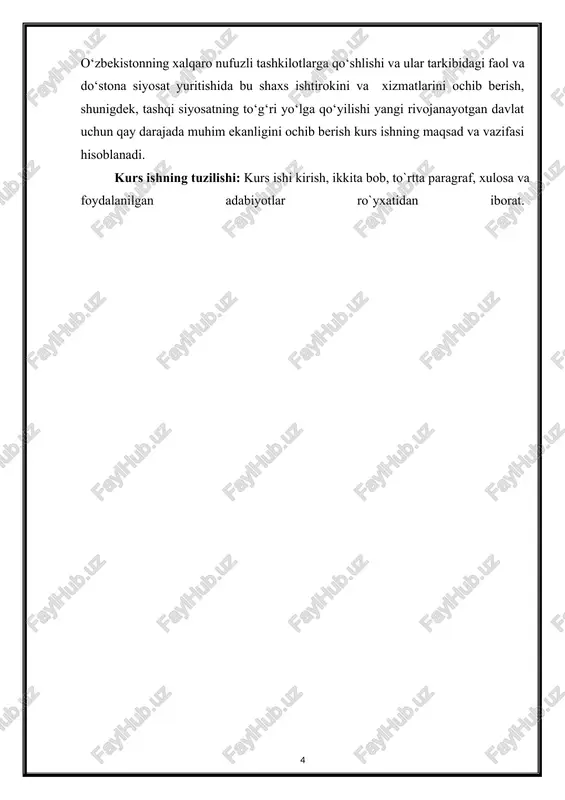 ayrogʻi koʻtarildi. bmtning toshkentdagi vakolatxonasi ochildi. bmtda oʻzbekiston respublikasi vakolatxonasi ish boshladi. oʻzbekiston respublikasi bmtning taʼlim, fan va madaniyat masalalari bilan shugʻullanuvchi tashkiloti yuneskoga ham aʼzo boʻldi[footnoteref:8]. [8: karimov i. o'zbekiston – kelajagi buyuk davlat. – t.: o'zbekiston, 2008. 431-bet. ] oʻzbekiston oʻz ovozi va mavqeiga ega boʻlgan aʼzo sifatida bmt oldiga muhim va dolzarb masalalarni qoʻyyapti. oʻzbekiston respublikasi prezidenti islom karimovning bmt bosh assambleyasi 1993-yil sentabrda 48-sessiyasida bmt tashkil etilganining 50 yilligiga bagʻishlangan sessiyada (1995-yil oktabr), bmt bosh assambleyasining „mingyillik sammiti“ (2000-yil sentabr) da soʻzlagan nutqlari dunyo jamoatchiligida katta qiziqish uygʻotdi. xususan, ushbu xalqaro tashkilotning xx asr soʻnggidagi eng yirik anjumanida oʻzbekiston rahbari xalqaro terrorizm va narkobiznes bilan bogʻliq muammolarni hal etish, mintaqaviy xavfsizlik, jumladan markaziy osiyo mintaqasida barqarorlik va xavfsizlikni taʼminlash, jahon xavfsizligi tizimini takomillashtirish, bmt faoliyati va tarkibiy tizimini isloh qilishga taalluqli takliflar bilan chiqdi. oʻzbekiston respublikasi bmtning teng huquqli aʼzosi sifatida bu eng nufuzli xalqaro tashkilotning …