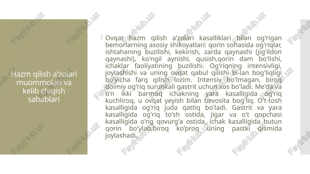 radi. bemorlarni ko'zdan kechirish. bemorni ko'zdan kechirish bemor-ning umumiy ahvoliga e'tibor berishdan boshlanadi. me'da va o'n ikkibarmoq ichak yara kasalligi, me'da rakida bemor ozib ketayotgani,qon ketishi, rangi oqarganligi aniqlanadi. ovqat hazm qilish a'zolari kasalliklarida tilni tekshirish muhim ahamiyatga ega. surunkali gastritkasalligida til usti karash bilan qoplangan bo'ladi. jigar kasalliklarida til malina rangida bo'ladi. qorin sohasini ko'zdan kechirishda uning shakli va katta-kichikligi e'tiborga olinadi.palpatsiyada qorin sohasi yuza va chuqur holatda tekshirib chiqiladi.yuza palpatsiya qorin devori muskullari, chuqur pal'pasiya esa ichaklar,o't pufagi, jigar holatini aniqlashga yordam beradi. pal'pasiyada og'riq,ichak qisqarishlari va jigar hajmi aniqlanadi. perkussiya yordamida hazm a'zolari chegarasi tekshiriladi. bu usulda jigar va taloq, o'pka va yurak chegaralari, qorin bo'shlig'ida to'plana-digan suyukdik va gaz, yuza joylashgan o'smalar bor-yo'qligi aniq-lanadi. hazm a'zolari chegarasini tekshirishda timpanik tovushli joydan a'zo tomonga qarab sekinlik bilan urib chiqiladi. hazm a'zolari chegarasida tovush pasayadi. auskultatsiya usuli hazm a'zolari kasalliklarida qisman, ya'ni me'dachegarasini aniqlashda, ichak peristaltikasini eshitishda qo'llaniladi. …