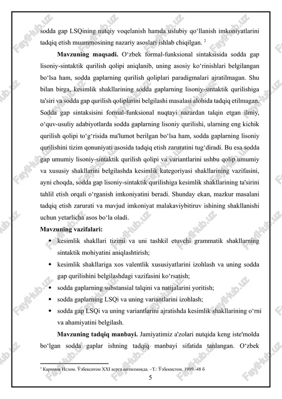 adigmatik hamda sintagmatik munosabatlaridan foydalanildi. substansial tilshunoslikning til birligini lison-nutq ziddiyati asosida izchil farqlaydigan, umumiylik-xususiylik, mohiyat-hodisa, imkoniyat-voqeilik, sabab-oqibat ixtiloflaridan iborat tadqiq usullariga tayanib, sodda gaplarning lisoniy-sintaktik qurilishi tahlil etildi. sodda gap lsqi va uning variantlarini belgilashda struktural tahlil usuli qo‘llandi. mavzuning nazariy va amaliy ahamiyati. mazkur kurs ishida kun tartibiga qo‘yilgan masalaning nazariy ahamiyati o‘zbek tili sintaksisining substansial talqinida sodda gap umumiy lisoniy-sintaktik qurilish qolipi va variantlarini, kesimlik kategoriyasi shakllarining ushbu qolip umumiy va xususiy shakllarini belgilashdagi vazifasi hamda sodda gap lisoniy-sintaktik qurilishiga kesimlik shakllarining ta'sirini tahlil etish asosida o‘rganish muammosini yechishga qaratilganligi bilan belgilanadi. shuningdek, sodda gap lisoniy-sintaktik qurilish qolipi – [wpm]=sg va uning variantlari xususiyatlarini tavsiflash, asosiysi, morfologik va sintaktik sathlararo aloqadorlikni lisoniy tizim yaxlitligida o‘rganish masalasini yechish nuqtayi nazaridan ahamiyatlidir. kurs ishining amaliy ahamiyati shundaki, oliy ta'lim tizimida “hozirgi o‘zbek adabiy tili” fanining “morfologiya” bo‘limida kesimlik kategoriyasi va kesimlik shakllarini tizim sifatida tahlili qilish hamda “sintaksis” bo‘limida …