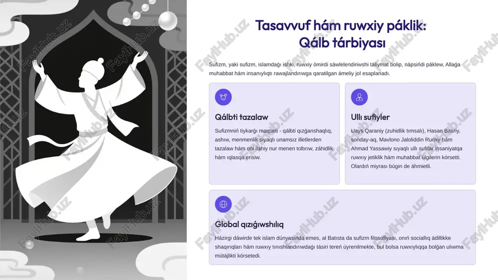 qádiriyatlar ruwxında tárbiyalaw turaqlı keleshekti támiyinlewdiń eń áhmietli shárti bolıp tabıladı. salamat jámiyet ruwxıy qádiriyatlar, hadallıq hám hújdan tiykarında tárbiyalanǵan jaslar salamat hám ádil jámiet qurıwdıń tiykarǵı tayanıshı bolıp esaplanadı. hurmet ruwxında tárbiyalaw jaslardı milletleraralıq hám dinleraralıq húrmet, ózge mádeniyatlarǵa keńpeyillik ruwxında tárbiyalaw global kólemde tınıshlıqtı saqlawǵa xızmet etedi. zamanagóy úgitnásiyat zamanagóy texnologiyalar (internet, mobil qosımshalar) járdeminde isenimli dereklerden alınǵan diniy bilimlerdi keńnen úgit-násiyatlaw, jaslardıń maǵlıwmat alıw zárúrligin qanaatlandıradı hám olardı nadurıs ideyalardan qorǵaydı. 10 juwmaq: islam qádiriyatları - turaqlı keleshek girewi islam qádiriyatları hám aǵartıwshılıqtıń házirgi dáwirdegi áhmiyeti tek ǵana diniy sheńberler menen sheklenip qalmastan, sociallıq, ekonomikalıq hám ruwxıy tarawlardı qamtıp aladı. ilim-aǵartıwshılıq tiykarı ilim hám aǵartıwshılıq islamnıń ajıralmas bólegi bolıp, insaniyat rawajlanıwınıń, hár qanday jámiettiń rawajlanıwınıń tiykarǵı tırnaǵı bolıp esaplanadı. bul principke ámel etiw ilimiy-texnikalıq rawajlanıwdı xoshametleydi. tınıshlıq hám turaqlılıq ruwxıy páklik, ádillik hám keńpeyillik zamanagóy dúnyadaǵı kelispewshiliklerdi saplastırıw, tınıshlıq hám turaqlılıqtı támiyinlewdiń tiykarǵı kepili bolıp esaplanadı. ámeliy …