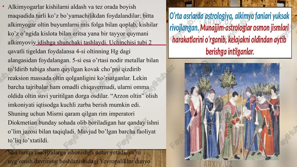 tish mumkinligini ochib berdi. xvi asr oxirlariga kelib eritma tayyorlash, cho’ktirish, haydash, bug’lantirish, sublimatlash, kalsinatsiyalash (kuydirish), qayta kristallash, ekstraksiyalash kabi ishlar to’la o’rganildi. o’sha paytdagi barcha kimyoviy jarayonlarni nemis kimyogari va vrachi andrey libaviy (1560-1616-yy.) 1597- yilda yozgan “alkimyogar” kitobida yig’ib tushuntiradi. kislotalarning kashf etilishi ko’p minerallar tarkibini o’rganib, rudalardan turli kimyoviy reaksiyalar yordamida sof metallarga ajratish imkonini yaratdi. kislota va ishqorlar tuzlar olish uchun xom ashyo bo’lib qoldi. bu paytda ishqorylar uchuvchan (ammiak, ammoniy karbonat) va og’ir ishqorlar (soda, potash) ga ajratildi. yevropaliklar boshqa fanlar sohasida ham o’zlarining afzalliklarini isbotlashga urinishardi. "buyuk kashfiyotlar" asrida nemis tadqiqotchisi iogann gutenberg (1397-1468-yy.) kitob chop qilish stanogini birinchi bo’lib yaratdi. endi tarixda birinchi marta kerakli miqdorda arzon kitob chiqarish imkoniyati yaratildi. dastavval lukretsiyning poemasi bosib chiqarildi. 1543-yil boshlarida polyak astronomi nikolay kopernik (1473-1543- yy.) koinot markazi qadimgi astronomlar ta’kidlaganidek yer emas, balki quyosh deb e’tirof etgan va planetalarning geliosentrik tuzilishini isbotlab bergan kitobi …