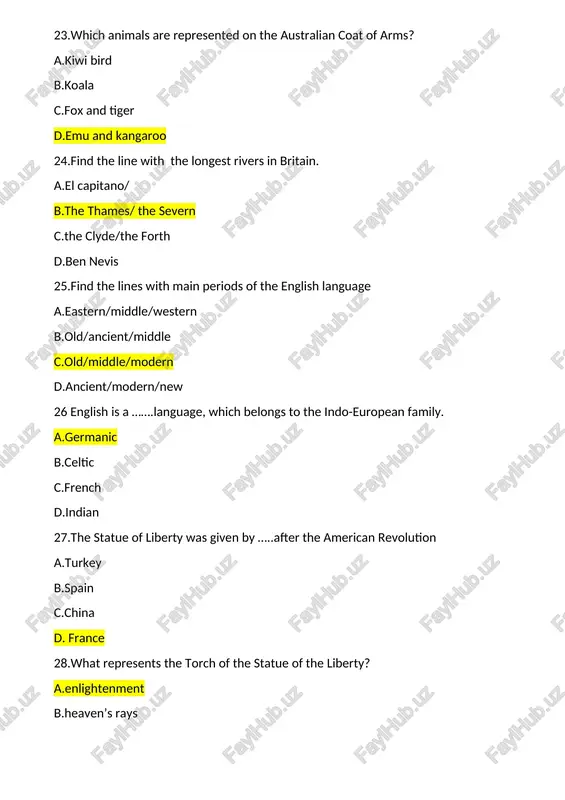 e minister in the history of the uk? a.margaret thatcher b.bloody mary c.angela merkel d. elizabeth ii 57.what was the most important crop among native american people? a.cotton b.nuts c.corn d.legumes 58.what was the first permanent english settlement in america? a.florida b.jamestown c.amsterdam d.massachussets 59.when was signed american declaration of independence? a.1655,3rd july b.1889,4th july c.1789,8th march d. 1776,4th july 60.what was the name of a street fight that occurred on 5th march,1770 between colonists and squad of british soldiers? a.boston massacre b.boston tea party c.american civil war d.american-british war 61.what territory did the united states buy from france in 1803? a.florida b.lousiana c.texas d.mexico 62.what ocean is on the west coast of the united states? a.pacific b.indian c.atlantic d.black sea 63. in 1853, the ………..purchase added more mexican territory to the united states and created the southern border they have today. a.texas b.lousiana c.mexico d. gadsden 64.what group of …