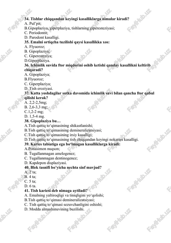 kariesda bemorning shikoyatlari qanday? a. shirinlikdan; b. sovuqdan va issiqdan c. nordon va shirinlikdan; d.sovuqdan va mexanik qo‘zg‘atuvchilardan. 48. stomatologik xonada 1 ta vrach uchun qancha joy ajratiladi? a. 10 kv/m; b. 12 kv/m; c.14 k/m; d. 18 kv/m. 49. terapevtik stomatologiya xonasida nimalar bo‘lmaydi? a.steril stol, rakovina, a va v shkaf, stol; b. kreslo, bormashina, stul; c. sterilizator, vintli stul; d. avtoklav, operatsion stol. 50. terapevtik stomatologiya xonasining balandligi qanchaga teng bo‘lishi kerak? a. 3,4 m; b. 3,3 m; c. 2,3 m; d. 3,5 m. 51. turbinali bormashina nakonechnigini borini aylanish tezligi qanchaga teng? a. 100000 minutiga; b. 200000 minutiga; c. 300000 minutiga; d. 600000 minutiga. 52. aseptikaga nimalar kirmaydi? a. jarohatni dorilar bilan yuvish; b. asboblar, bog‘lov materiallarni sterillash; c. qo‘lga maxsus ishlov berish; d. davolash vaqtida tozalikka rioya qilish. 53. sterillizatsiya nima? a. mikroblar yuqishini oldini olish; b. mikroblarni sporalardan tozalash; c. mikroblar virulentligini kamaytirish; d. mikroblar …