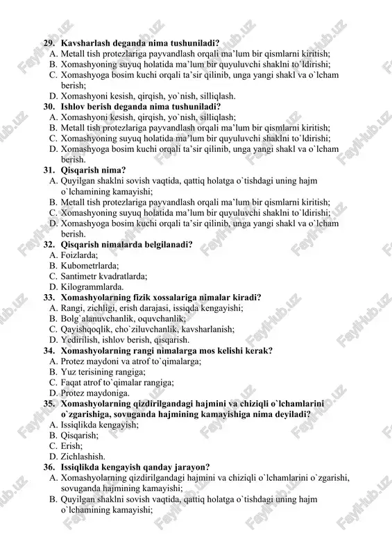 nima tushuniladi? a. xomashyoning suyuq holatida ma’lum bir quyuluvchi shaklni to`ldirishi; b. xomashyoga bosim kuchi orqali ta’sir qilinib, unga yangi shakl va o`lcham berish; c. xomashyoni kesish, qirqish, yo`nish, silliqlash; d. xomashyolarni bir biriga payvandlash. 29. kavsharlash deganda nima tushuniladi? a. metall tish protezlariga payvandlash orqali ma’lum bir qismlarni kiritish; b. xomashyoning suyuq holatida ma’lum bir quyuluvchi shaklni to`ldirishi; c. xomashyoga bosim kuchi orqali ta’sir qilinib, unga yangi shakl va o`lcham berish; d. xomashyoni kesish, qirqish, yo`nish, silliqlash. 30. ishlov berish deganda nima tushuniladi? a. xomashyoni kesish, qirqish, yo`nish, silliqlash; b. metall tish protezlariga payvandlash orqali ma’lum bir qismlarni kiritish; c. xomashyoning suyuq holatida ma’lum bir quyuluvchi shaklni to`ldirishi; d. xomashyoga bosim kuchi orqali ta’sir qilinib, unga yangi shakl va o`lcham berish. 31. qisqarish nima? a. quyilgan shaklni sovish vaqtida, qattiq holatga o`tishdagi uning hajm o`lchamining kamayishi; b. metall tish protezlariga payvandlash orqali ma’lum bir qismlarni kiritish; c. xomashyoning suyuq …