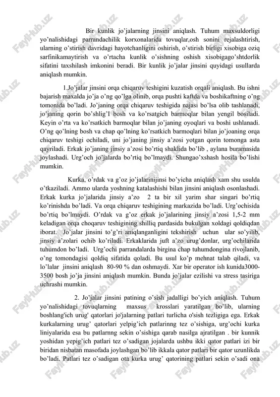 mchiliklarga egaligi, ularni chiqarib tashlashga asos bo’ladi. bir kunlik jo’jalarning jinsini aniqlash. tuhum maxsuldorligi yo’nalishidagi parrandachilik korxonalarida tovuqlar,osh sonini rejalashtirish, ularning o’stirish davridagi hayotchanligini oshirish, o’stirish birligi xisobiga oziq sarfinikamaytirish va o’rtacha kunlik o’sishning oshish xisobigago’shtdorlik sifatini taxshilash imkonini beradi. bir kunlik jo’jalar jinsini quyidagi usullarda aniqlash mumkin. 1.jo’jalar jinsini orqa chiqaruv teshigini kuzatish orqali aniqlash. bu ishni bajarish maxalda jo’ja o’ng qo’lga olinib, orqa pushti kaftda va boshikaftning o’ng tomonida bo’ladi. jo’janing orqa chiqaruv teshigida najasi bo’lsa olib tashlanadi, jo’janing qorin bo’shlig’i bosh va ko’rsatgich barmoqlar bilan yengil bosiladi. keyin o’rta va ko’rsatkich barmoqlar bilan jo’janing oyoqlari va boshi ushlanadi. o’ng qo’lning bosh va chap qo’lning ko’rsatkich barmoqlari bilan jo’joaning orqa chiqaruv teshigi ochiladi, uni jo’janing jinsiy a’zosi yotgan qorin tomonga asta qayriladi. erkak jo’janing jinsiy a’zosi bo’rtiq shaklida bo’lib , aylana buramasida joylashadi. urg’och jo’jalarda bo’rtiq bo’lmaydi. shungao’xshash hosila bo’lishi mumkin. kurka, o’rdak va g’oz jo’jalarinijinsi bo’yicha aniqlash …