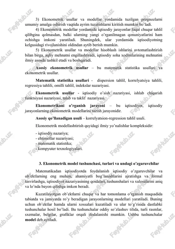 lantirishda etakchi vosita bo’lib xizmat qiladi. 3) ekonometrik usullar va modellar yordamida tuzilgan prognozlarni umumiy amalga oshirish vaqtida ayrim tuzatishlarni kiritish mumkin bo’ladi. 4) ekonometrik modellar yordamida iqtisodiy jarayonlar faqat chuqur tahlil qilibgina qolmasdan, balki ularning yangi o’rganilmagan qonuniyatlarini ham ochishga imkoni yaratiladi. shuningdek, ular yordamida iqtisodiyotning kelgusidagi rivojlanishini oldindan aytib berish mumkin. 5) ekonometrik usullar va modellar hisoblash ishlarini avtomatlashtirish bilan birga, aqliy mehnatni engillashtiradi, iqtisodiy soha xodimlarining mehnatini ilmiy asosda tashkil etadi va boshqaradi. asosiy ekonometrik usullar – bu matematik statistika usullari va ekonometrik usullar. matematik statistika usullari - dispersion tahlil, korrelyatsiya tahlili, regressiya tahlili, omilli tahlil, indekslar nazariyasi. ekonometrik usullar - iqtisodiy o’sish nazariyasi, ishlab chiqarish funktsiyasi nazariyasi, talab va taklif nazariyasi. ekonometrikani o’rganish jarayoni – bu iqtisodiyot, iqtisodiy jarayonlarning ekonometrik modellarini tuzish jarayonidir. asosiy qo’llanadigan usuli – korrelyatsion-regression tahlil usuli. ekonometrik modellashtirish quyidagi ilmiy yo’nalishlar kompleksidir: - iqtisodiy nazariya; - ehtimollar nazariyasi; - matematik statistika; - …