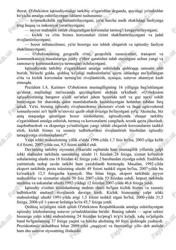 sida hokimiyatning konstitutsiyaviy asosda bo'linishi tamoyili mustahkamlab qo'yildi. bu tamoyil konstitutsiyaning 11-moddasida «o'zbekiston respublikasi davlat hokimiyatining tizimi, hokimiyatning qonun chiqaruvchi, ijro etuvchi va sud hokimiyatiga bo'linishi prinsipiga asoslanadi» degan qoidada aks ettirilgan. o'zbekiston respublikasi prezidentining oliy majlis palatalarining qo'shma majlisidagi «bizning bosh maqsadimiz — jamiyatni demokratlashtirish va yangilash, mamlakatni modernizatsiya va isloh etishdir» nomli ma'ruzasida mamlakat ijtimoiy-iqtisodiy hayotining eng muhim masalalari, jumladan, davlat hokimiyati vakolatlarining qonuniy asosda bo'linishiga ham jiddiy e'tibor qaratildi. ma'ruzada «davlat qurilishi va boshqaruvi sohasidagi eng muhim vazifa bu — qonunchilik hokimiyati bo'lmish mamlakat parlamentining roli va ta'sirini kuchaytirish, hokimiyatning qonunchilik, ijro va sud tarmoqlari o'rtasida yanada mutanosib va barqaror muvozanatga erishishdan iborat» ekani qayd etildi. bunda, awalambor, prezidentning ba'zi vakolatlarini parlamentning yuqori palatasi — senatga va hukumatga o'tkazish, professional, doimiy asosda ishlaydigan quyi — qonunchilik palatasini shakllantirish, uning vakolat va huquqlarini kengaytirish ko'zda tutilgan va hozirning o'zidayoq bu boradagi sa'y-harakatlarning amaliy samarasi ko'rinib turibdi. bu hukumat …