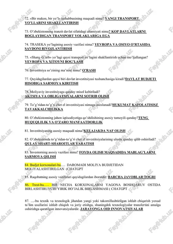 sosiy vazifasi nima? yevropa va osiyo o’rtasida savdoni rivojlantirish 75. «sharq–g’arb» yo’lagi qaysi transport yo’lagini shakllantirish uchun mo’ljallangan? yevropa va xitoyni bog’lash 76. investitsiya so’zining ma’nosi nima? o’rash 77. quyidagilardan qaysi biri davlat investitsiyasi tushunchasiga kiradi?davlat budjeti hisobiga sarmoya kiritish 78. moliyaviy investitsiyaga qanday misol keltiriladi? aktsiya va obligatsiyalarni sotrib olish 79. to’g’ridan-to’g’ri chet el investitsiyasi nimaga asoslanadi?hukumat kafolatisisz tavakkalchilikka 80. o’zbekistonning jahon iqtisodiyotiga qo’shilishining asosiy tamoyili qanday?teng huquqlilik va o’zaro manfaatdor;lik 81. investitsiyaning asosiy maqsadi nima?kelajakda naf olish 82. o’zbekistonda to’g’ridan-to’g’ri chet el investitsiyalarining ulushi qanday qilib oshiriladi? qulay shart-sharoitlar yaratish 83. investorning asosiy vazifasi nima? foyda olish maqsadida mablag’larni sarmoya qilish 84. budjet korxonalari-bu…. daromadi moliya budjetidan moliyalashtirilgan (chatgpt 85. raqobatning asosiy vazifalari quyidagilardan iboratdir: barcha javoblar togri 86. trest-bu….. bir necha korxonalarni yagona boshqaruv ostida birlashtiruvchi yirik ho’jalik birlashmasi ( chatgpt 87. ....-bu texnik va texnologik jihatdan yangi yoki takomillashtirilgan ishlab chiqarish yoxud ta’lim usullarini ishlab chiqish …