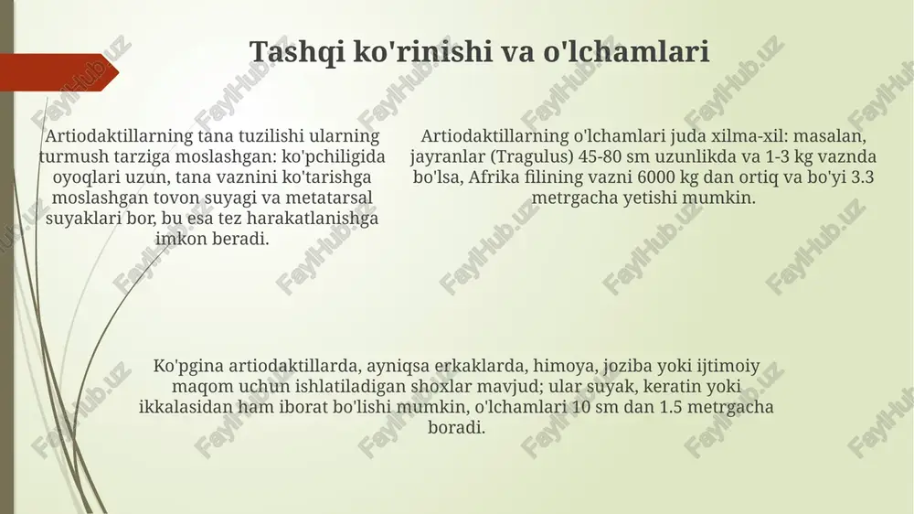 sh joylarini yo'q qilish qishloq xo'jaligi va shaharlar uchun zarur bo'lganligi sababli, ularning migratsiya yo'llariga ta'sir qiladi. natijada, ko'plab turlar 50% dan kamroq yashash joyiga ega bo'lib qolgan. saqlash holati va tahdidlar ko'pgina juft tuyoqlilar yashash joylarining yo'qolishi tufayli, iucn ro'yxatida zaif yoki yo'qolib ketish xavfi ostida. misol uchun, saygak populyatsiyasi 95% ga kamaygan. ovchilik (go'sht, shox va terisi uchun), juft tuyoqlilar uchun asosiy tahdiddir. illegal ov 20-asr oxirida yo'qolib ketgan turkiston yo'lbarsining yo'q bo'lib ketishiga sabab bo'lgan. ovchilik (go'sht, shox va terisi uchun), juft tuyoqlilar uchun asosiy tahdiddir. illegal ov 20-asr oxirida yo'qolib ketgan turkiston yo'lbarsining yo'q bo'lib ketishiga sabab bo'lgan. muhofaza choralari habitatlarni saqlash choralari, masalan, o'tloqi va o'rmon maydonlarini kengaytirish, artiodaktillar uchun muhim ozuqa bazasini ta'minlash va populyatsiyalarini barqarorlashtirishga yordam beradi. muhofaza choralari orasida ovni cheklash muhim, masalan, ma'lum turdagi kiyiklar soni juda kamayib ketgan bo'lsa, ovlash uchun litsenziyalar soni qisqartiriladi. yo'qolib ketish xavfi ostida turgan turlarni …