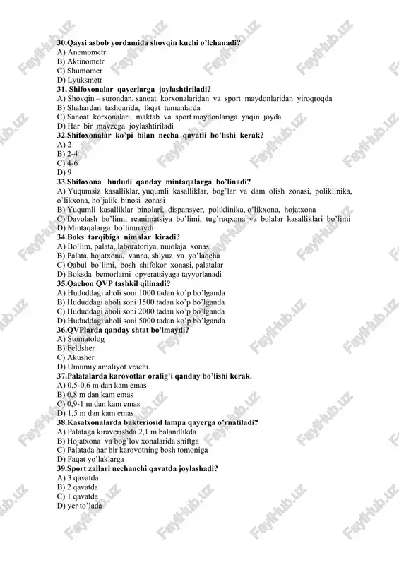 ama qarshi tomondan ikki tomonlama o’rnatiladi b) derazalar bir tomonlama o’rnatiladi c) derazalar shiftga o’rnatiladi d) derazalar umuman o’rnatilmaydi 41.sport zali yechinish xonasida nimalar bo’ladi? a) dam olish xonasi, dush b) dush va xojatxona c) dush va tibbiyot xonasi d) dush va oshxona 42.majlislar zali qanday talabga javob berishi kerak ? a) bir vaqtda 20-25 % o’quvchiga mo’ljallagan bo’lib maydoni 150 m2, balandligi 5 m b) bir vaqtda 50 % o’quvchiga mo’ljallagan bo’lib maydoni 150 m2, balandligi 5 m c) bir vaqtda barcha o’quvchiga mo’ljallagan bo’lib maydoni 150 m2, balandligi 5m d) faqat o’qituvchilar uchun mo’ljallangan bo’ladi 43.maktab binosi yordamchi xonalariga nimalar kiradi? a) sinf xonalari, o’quv xonalari, kutubxona , majlislar zali b) sinf xonalari, laboratoriya, direktor kabineti, o’qituvchilar xonasi c) sinf xonalari, o’quv kabinetlari, laboratoriya, ustaxona, mehnat xonasi, sport zali d) dam olish zallari, daxliz, oshxona, bufet, majlislar zali, dush, yuvinish xonasi, tualet 44.maktab binosi xizmatchilar xonasiga nimalar kiradi? …