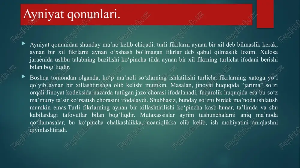 davlatdan, ziyolini paxtakordan, falsafani tarixdan va h.k. farqlash bilan bir vaqtda ularni o‘xshash, umumiy belgilari bo‘yicha “davlat”, «moddiy va ma’naviy qadriyatlarni yaratuvchi», “ijtimoiy fan” kabi tushunchalarda , umumlashtiramiz. predmet, hodisalarni farqlantiruvchi va o‘xshashligini ko‘rsatuvchi belgilar muhim va umumiy belgilar tarzida namoyon bo‘ladi. bu belgilar nisbiy xarakterga ega bo‘lib, ma’lum bir vaqtda, munosabatda muhim belgilar muhim bo‘lmagan, umumiy belgilar xususiy belgilar tarzda olib qaralishi mumkin. mavhumlashtirish - umumlashtirish mavhumlashtirish - bu predmet, hodisalarning, konkret belgilaridan uzoqlashishi orqali ularning mohiyatli jihatini aniqlashdir. masalan, «konus» tushunchasida predmetning qanday materialdan yasalganligi, katta-kichikligi, og‘irligi va boshqa konkret belgilari fikran soqit qilinadi, bunda faqat uning mohiyatli tomoni - geometrik figura ekanligi ko‘zda tutiladi. umumlashtirish - mavhumlashtirish usulining o‘ziga xos bir turi, ya’ni uni to‘ldiruvchi shakli bo‘lib, bunda ayrim predmetlar, ularning to‘plami muhim belgilariga ko‘ra muayyan sinf, jinsga birlashtiriladi. masalan, so‘zlarning shaxs, son kelishikda tuslanishi kabi muhim belgilariga ko‘ra «mustaqil so‘z turkumi» degan tushunchada umumlashtiriladi. mavhumlashtirish va …