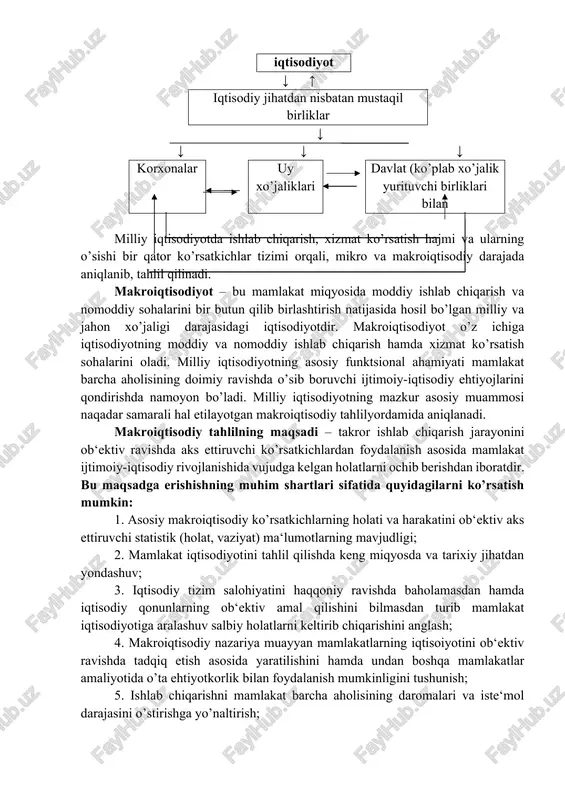ilishda keng miqyosda va tarixiy jihatdan yondashuv; 3. iqtisodiy tizim salohiyatini haqqoniy ravishda baholamasdan hamda iqtisodiy qonunlarning ob‘ektiv amal qilishini bilmasdan turib mamlakat iqtisodiyotiga aralashuv salbiy holatlarni keltirib chiqarishini anglash; 4. makroiqtisodiy nazariya muayyan mamlakatlarning iqtisoiyotini ob‘ektiv ravishda tadqiq etish asosida yaratilishini hamda undan boshqa mamlakatlar amaliyotida o’ta ehtiyotkorlik bilan foydalanish mumkinligini tushunish; 5. ishlab chiqarishni mamlakat barcha aholisining daromalari va iste‘mol darajasini o’stirishga yo’naltirish; 6. aholi daromadlari, siyosiy va ijtimoiy barqarorlik o’sishining yagona manbai bo’lib mamlkatning barcha aholisining ish joylari hamda aromadlarning oshishi bilan ta‘minlovchi milliy ishlab chiqarishning barqarorva samarali o’sishi ekanligini tushunish. butun milliy iqtisodiyotning holatini tavsiflovchi muhim makroiqtisodiy ko’rsatkichlar – yalpi milliy mahsulot (yamm), yalpi ichki mahsulot (yaim), sof milliy mahsulot (smm), milliy daromad (md), ishchi kuchi bandligi, ishsizlik, inflyatsiya va boshqa shu kabilar hisoblanadi. bu ko’rsatkichlar moddiy ishlab chiqarish va nomoddiy xizmat ko’rsatish sohalaridagi barcha xo’jaliklar iqtisodiy faoliyatlarining umumiy va pirovard natijalarini qarab oladi. ko’pgina maroiqtisodiy …