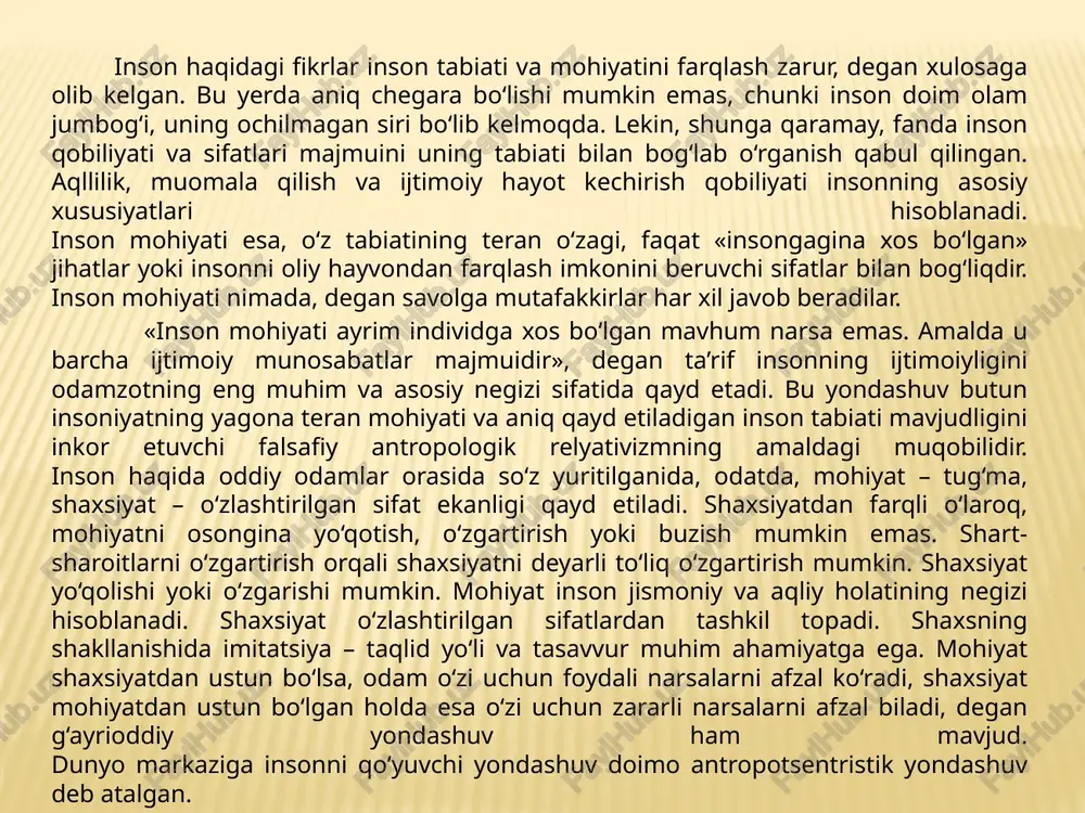 on madaniyat mazmuni orqali o‘z ma’nosini kasb etadi, degan tezisni himoya qiladi. antropotsentrizmning ziddi – insonga geologik kuchlardan biri sifatida qaraydigan yondashuv dezantropotsentrizm deb ataladi. hozirda ancha mashhur bo‘lgan bu yondashuv insonni uning ustun mavqei va o‘rnidan mahrum etadi, hech narsa bilan cheklanmagan o‘zboshimchalik oqibatlari haqida o‘ylashga majbur qiladi. insonni o‘zi yaratgan texnokratik, sun’iy dunyo bilan universal evolyusion rivojlanishga bog‘lashdan iborat bo‘lgan masala koevolyusiya muammosi sifatida namoyon bo‘ldi. koevolyusiya g‘oyasi tabiat va insonning o‘zaro bog‘langan ta’siri hamda mushtarak o‘zgarishini anglatadi. inson kuzatuvchi emas, balki kosmosning tabiiy qismi, deb tan olinadi. u hayotni nafaqat oqilona, balki ruhi va tanasi orqali hissiy idrok etadi. ijtimoiy biologlar taklif qilgan «irsiy-madaniy koevolyusiya nazariyasi» koevolyusiya g‘oyasining rivojlantirilgan ko‘rinishidir. bu nazariyada organik va madaniy evolyusiya mushtarak kechishining eng optimal shart-sharoitlari to‘g‘risida so‘z yuritiladi. lekin bunda genlar ustun qo‘yiladi, chunki ular koevolyusiyaning asosiy qoidalarini belgilaydi. tabiiy-biologik asoslar erkin va belgilovchi bo‘lib qoladi. ijtimoiy biologiya bilan muayyan darajada …