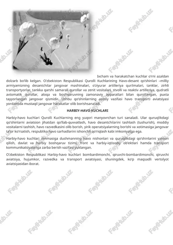 azifalarni bajarish maqsadida havo hujumidan mudofaa qo‘shinlarida tinchlik davrida jangovar navbatchilik joriy etilgan. urush davrida esa quruqlikdagi qo‘shinlarning havo hujumidan mudofaa vositalari va harbiy-havo kuchlari bilan birgalikda havo hujumidan mudofaaning birlashgan tizimini tashkil etadi. maxsus qo‘shinlar jangmuvaffaqiyati ko‘p jihatdan aloqa qo‘shinlariga bog‘liqdir. ular zimmasigaqo‘shinlar va qurollarni boshqarish tizimidagi axborotalmashinuvinita’minlashvazifasiyuklangan. aloqa qo‘shinlari jang borishigasimli aloqa, radioaloqa, maxfiylashtirilgan aloqa vositalaribilanta’siro‘tkazadi. maxsus qo‘shinlarimizning yana bir turi muhandislik-qurilish qo‘shinlaridir. ushbuqo‘shinlarqurolli kuchlarimizning infratuzilmasinitaraqqiyetish, davlatning strategik iqtisodiy dasturini amalgaoshirishgahissa qo‘shib kelmoqda. urush sharoitida mazkur qo‘shinlarga mudofaa istihkomlarivainshootlariniqurilishhamda kommunikatsiya tarmoqlariniyaratish, shuningdekqutqaruv-avariya ishlarini bajarish yuklangan. muhim sanalar 2017-01-09 14:47:53 muhim sanalar 1991 yil 6 sentyabr o‘zbekiston respublikasi prezidentining mudofaa ishlari vazirligini tashkil etish to‘g‘risidagi farmoni e’lon qilindi. 1992 yil 14 yanvar respublika oliy kengashining «o‘zbekiston respublikasi hududida joylashgan harbiy qismlar va harbiy o‘quv muassasalari to‘g‘risida» tarixiy qarori qabul qilindi. bunga ko‘ra, mamlakatimiz hududidagi harbiy tuzilmalar respublika tasarrufiga olindi. . 1992 yil 3 iyul o‘zbekiston respublikasi oliy kengashining o‘n …