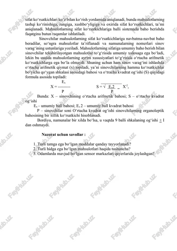 v varag‘i). go‘sht mahsulotlarining organoleptik ko‘rsatkichlariga baho berishda turli baholash sistemasi ishlatiladi. xozirgi vaqtga qadar baholash sistemasining ikki xili qo‘llaniladi: 1. ko‘ngildagi baho sistemasi; 2. balli baho sistemasi ko‘ngildagi baho sistemasi. bu sistema asosan oziq-ovqat mahsulotlarini qabul qilib olishda ishlatiladi. ya’ni bu sistema mahsulotlarining organoleptik ko‘rsatkichlariga to‘lacha baho bera olmaydi, lekin shunga qaramasdan, ayrim mahsulotlarni ko‘ngildagidek ekanligi aniqlanadi. ko‘ngildagi baho sistemasi mantiqiy fikrlar asosida tuzilgan bo‘ladi. balli baho sistemasi bu sistema ko‘ngildagi mantiqiy fikirlar va matematik tekshirishlar asosida tuzilgan. oziq-ovqat mahsulotlarining ko‘rsatkichlariga baho berishda shartli raqamlar yoki balli sistema ko‘rsatkichlari asosida baho beriladi. buning uchun 5, 10, 20, 30, 100 ball sistemalar va ularning turli variantlari ishlatiladi. chunonchi, 5 balli sistema ayrim vaqtlarda 0,5 yoki 0,25 ball sistemalar ishlatiladi, va shu yo‘sinda 15 yoki 20 balli sistemaga aylanadi. go‘sht mahsulotlarining organoleptik ko‘rsatkichlariga baho berishda 9 ball sistema ishlatiladi (bu sistema go‘sht sanoati ilmiy tekshirish ilmgohida ishlab chiqilgan). bu sistemaga binoan …