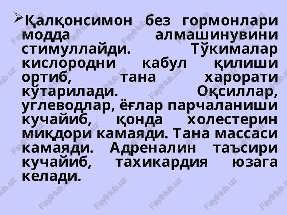 olon (gidrokortizondan 3-4 marta faol) deksametazon (30 marotaba kuchli) triamtsinolon (5 marta kuchli) qo'llaniladi.maxalliy lokakorten, sinaflan, flumetazona pivalatva x.k.vositalari qo'llanidi. glyukokortikoidlar qo'llanilishi buyrak usti bezining o'tkir va surunkali etishmovchiligi yallig'lanish va allergiyaga qarshi vosita sifatida poliartrit, bronxial astma, allergik reaktsiyalarda,anafilaktik shok, teri kasalliklarda, revmatizmda;glomerulonefrit transplantologiyada o'tkir leykoz stomatologiyada qo'llanilishi: yuz-jag' sohasi yallig'lanish kasalliklarida: paradontoz, xeylitlarda, sistemali kizil volchanka, pastki jag' bo'g'imlari artritlari va artrozlarini davolashda qo'llaniladi. ushbu vositalar pulpitlarni davolashda qo'llaniladigan biologik pastalar tarkibiga kiradi. nojo'ya ta'sirlari: uzoq vaqt qo'llaganda buyrak usti bezi atrofiyasi yuzaga keladi. dorini sekinlik bilan to'xtatish zarur, chunki «bekor kilish sindromi» yuzaga keladi. qonda qand miqdorini oshiradi – steroidli diabet «oysimon yuz»- yog'lar bo'yin, yuz sohasida to'planib koladi. immunitet susayishi natijasida surunkali kasalliklar kuchayishi mumkin- masalan tuberkulyoz. sa ionlari almashinuviga ta'sir kiladi- osteoporoz va suyak sinishlari shishlar va ab oshishi. ”steroidli yaralar” mns tomonidan – psixomotor qo'zg'alishlar.