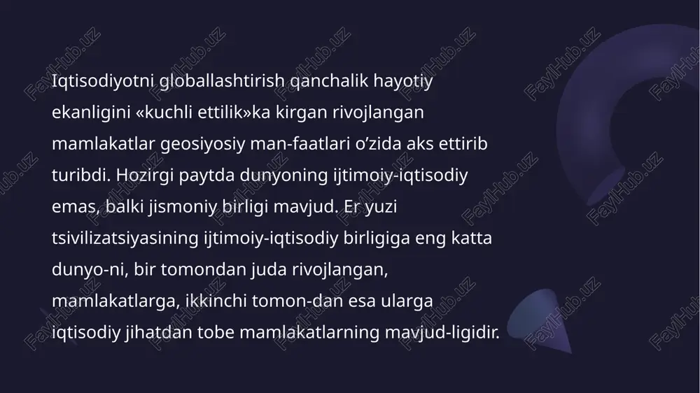 azirligi faoliyatini ommaga etkazuvchi vosita hisoblanadi. prezidentimizning yuqori obro’-e’tibori sharafiga qisqa mud- datlarda investitsiya borasida yirik chet el investorlari bilan kelishuvlarga erishildi va uning asosida iqtisodiyotning etakchi tarmoqlarini texnik takomillashtirish ishlari amalga oshirildi, ya’ni yoqilg’i-energetika majmuasi, qora va rangli metallurgiya, to’-qimachilik sanoati va qurilish materiallari ishlab chiqarish tar-moqlarida mo’ljallangan rejalar muvaffaqiyatli bajarildi. tashqi iqtisodiy aloqalar, investitsiyalar va savdo vazirligi-ning asosiy vazifalari: tashqi iqtisodiy faoliyat, eksportni rag’batlantirish, xori-jiy investitsiyalar jalb etish, tashqi savdoni erkinlashtirish, tash-qi savdo aloqalarini kengaytirish va mustahkamlash sohasida yagona davlat siyosati o’tkazilishini ta’minlash; jahon tovarlar (kapitallar, xizmatlar) bozorlarining kompleks marketing tadqiqotlarini amalga oshirish, ichki va tashqi bozorlar istiqbollari hamda samaradorligini hisobga olgan holda ularning ahvolini chuqur tahlil etish va rivojlanishini prognoz qilish, xori-jiy sheriklar bilan uzoq muddatli, barqaror savdo-iqtisodiy muno-sabatlarni o’rnatishga qaratilgan chora- tadbirlar ishlab chiqish va amalga oshirish; tashqi iqtisodiy aloqalar, investitsiyalar va savdo vazirligi-ning asosiy vazifalari: o’zbekiston respublikasining xorijiy davlatlar, xalqaro iqti-sodiy va moliyaviy institutlar, boshqa …
