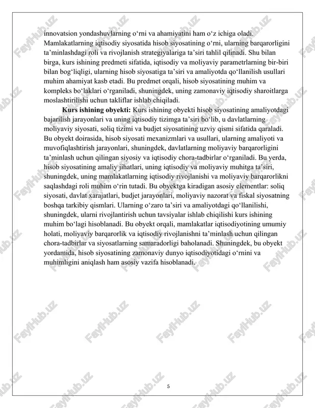 l qilinadi. shu bilan birga, kurs ishining predmeti sifatida, iqtisodiy va moliyaviy parametrlarning bir-biri bilan bog‘liqligi, ularning hisob siyosatiga ta’siri va amaliyotda qo‘llanilish usullari muhim ahamiyat kasb etadi. bu predmet orqali, hisob siyosatining muhim va kompleks bo‘laklari o‘rganiladi, shuningdek, uning zamonaviy iqtisodiy sharoitlarga moslashtirilishi uchun takliflar ishlab chiqiladi. kurs ishining obyekti: kurs ishining obyekti hisob siyosatining amaliyotdagi bajarilish jarayonlari va uning iqtisodiy tizimga ta’siri bo‘lib, u davlatlarning moliyaviy siyosati, soliq tizimi va budjet siyosatining uzviy qismi sifatida qaraladi. bu obyekt doirasida, hisob siyosati mexanizmlari va usullari, ularning amaliyoti va muvofiqlashtirish jarayonlari, shuningdek, davlatlarning moliyaviy barqarorligini ta’minlash uchun qilingan siyosiy va iqtisodiy chora-tadbirlar o‘rganiladi. bu yerda, hisob siyosatining amaliy jihatlari, uning iqtisodiy va moliyaviy muhitga ta’siri, shuningdek, uning mamlakatlarning iqtisodiy rivojlanishi va moliyaviy barqarorlikni saqlashdagi roli muhim o‘rin tutadi. bu obyektga kiradigan asosiy elementlar: soliq siyosati, davlat xarajatlari, budjet jarayonlari, moliyaviy nazorat va fiskal siyosatning boshqa tarkibiy qismlari. ularning o‘zaro ta’siri …