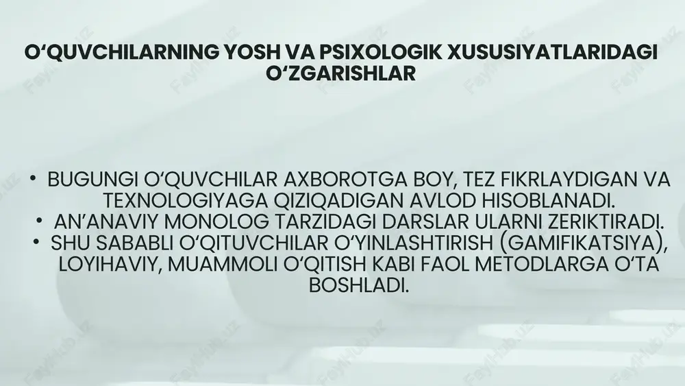 imkonini beradi noan’anaviy shakllar ko‘pincha akt vositalari (kompyuter, interaktiv doska, onlayn platformalar) bilan birgalikda olib boriladi. bu o‘quvchilarning raqamli savodxonligini oshiradi va ularni zamonaviy mehnat bozoriga moslashtiradi. ta’limning amaliy yo‘nalishini kuchaytiradi loyihaviy va steam o‘qitish orqali o‘quvchilar nazariy bilimni amaliyot bilan bog‘lashni o‘rganadilar. bu yondashuv ta’limni hayot bilan uzviy bog‘laydi. noan’anaviy ta’lim shakllarining muammolari va cheklovlari o‘qituvchilarning tayyorgarlik darajasi pastligi ba’zi pedagoglar zamonaviy metod va texnologiyalarni to‘liq egallamagan bo‘lishi mumkin. bu noan’anaviy shakllarni samarali joriy etishda to‘siq bo‘ladi. taklif: o‘qituvchilar uchun muntazam malaka oshirish kurslari va treninglar tashkil etish zarur. 2. texnik vositalarning yetishmasligi masofaviy, gibrid yoki gamifikatsiyalashgan ta’limni tashkil etish uchun zarur bo‘lgan kompyuter, internet, multimedia vositalari har doim mavjud emas. ayrim ta’lim muassasalarida bu ta’lim sifatiga bevosita ta’sir qiladi. 3. vaqt va resurs cheklovlari noan’anaviy darslarni tayyorlash ko‘proq vaqt, kuch va ijodkorlik talab qiladi. o‘qituvchi har bir dars uchun maxsus ssenariy, material va texnik vositalarni tayyorlashi kerak bo‘ladi. …