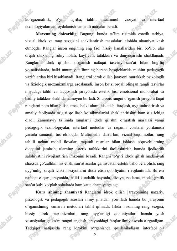 ish maqsad qilingan. kurs ishining vazifalari – ranglarni idrok qilishning nazariy va psixologik asoslarini chuqur o‘rganish; – rang sezgisi va rang uyg‘unligi qonuniyatlarini ilmiy jihatdan tahlil qilish; – o‘quvchilarda rang idrokini shakllantirishda yosh xususiyatlarini hisobga olish zarurligini aniqlash; – ranglarni o‘rgatishda qo‘llaniladigan an’anaviy va innovatsion metodlarni o‘rganish; – interfaol texnologiyalar yordamida rang idrokini rivojlantirish usullarini tahlil qilish; mavzuning obyekti: oila doirasida sodir etiladigan jinoyatlar, ularning ijtimoiy-huquqiy xususiyatlari va ularni keltirib chiqaruvchi omillar. mavzuning predmeti: oila doirasida sodir etiladigan jinoyatlarning sabablari, shart-sharoitlari hamda ularni oldini olishga qaratilgan huquqiy va ijtimoiy mexanizmlar tizimi. kurs ishining tarkibiy tuzilishi kirish ikki asosiy bob 5 paragraf xulosa va foydalanilgan adabiyotlardan iborat. i bob. ranglarni idrok qilishning nazariy asoslari 1.1 rang tushunchasi, uning tabiati va inson hayotidagi o‘rni rang — bu bizning ko‘zimiz orqali idrok qilinadigan, yorug‘likning turli to‘lqin uzunliklariga bog‘liq holda vujudga keladigan tabiiy hodisadir. rang tushunchasi nafaqat fizik, balki psixologik va estetik kategoriya sifatida …