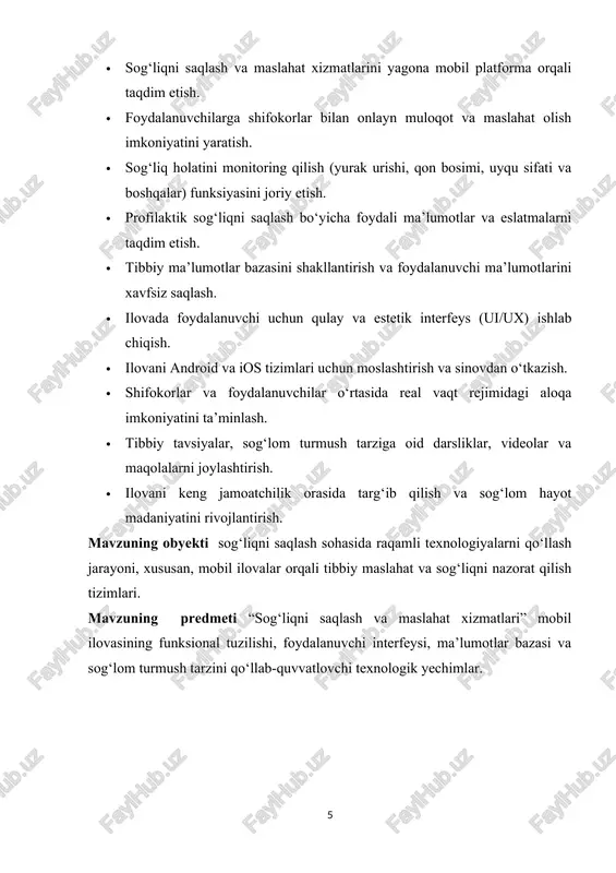 tlarni ko‘rsatish, bemorlar ma’lumotlarini boshqarish, sog‘liqni nazorat qilish va profilaktika ishlarini samarali amalga oshirishga qaratilgan kompleks tizimdir. ushbu tizim tibbiy jarayonlarning avtomatlashtirilishi, shifokor va bemor o‘rtasidagi masofaviy muloqotni tashkil etish, ma’lumotlarni tezkor almashish va tahlil qilish imkonini beradi. raqamli sog‘liqni saqlash tizimining asosiy maqsadi — tibbiy xizmatlarning sifatini oshirish, resurslardan oqilona foydalanish hamda sog‘liqni saqlash sohasida samaradorlikni ta’minlashdir. bugungi kunda dunyoning ko‘plab mamlakatlarida elektron tibbiy kartalar, telemeditsina platformalari, sog‘lom turmushni kuzatuvchi mobil ilovalar, sun’iy intellekt asosida kasalliklarni tashxislash tizimlari keng joriy etilmoqda. bu jarayon tibbiy xizmatlar ko‘rsatishda inson omilini kamaytirish, aniqlik va tezkorlikni oshirish imkonini beradi. o‘zbekiston respublikasida ham so‘nggi yillarda sog‘liqni saqlash sohasini raqamlashtirish yo‘lida qator islohotlar amalga oshirilmoqda. xususan, “raqamli o‘zbekiston – 2030” strategiyasi doirasida “raqamli sog‘liqni saqlash” konsepsiyasi ishlab chiqildi. mazkur konsepsiya tibbiy ma’lumotlarni yagona bazaga jamlash, elektron retsept tizimi, masofaviy maslahat platformalari va bemorlarning tibbiy tarixini avtomatik yuritishni nazarda tutadi. raqamli sog‘liqni saqlash tizimining rivojlanish yo‘nalishlariga …