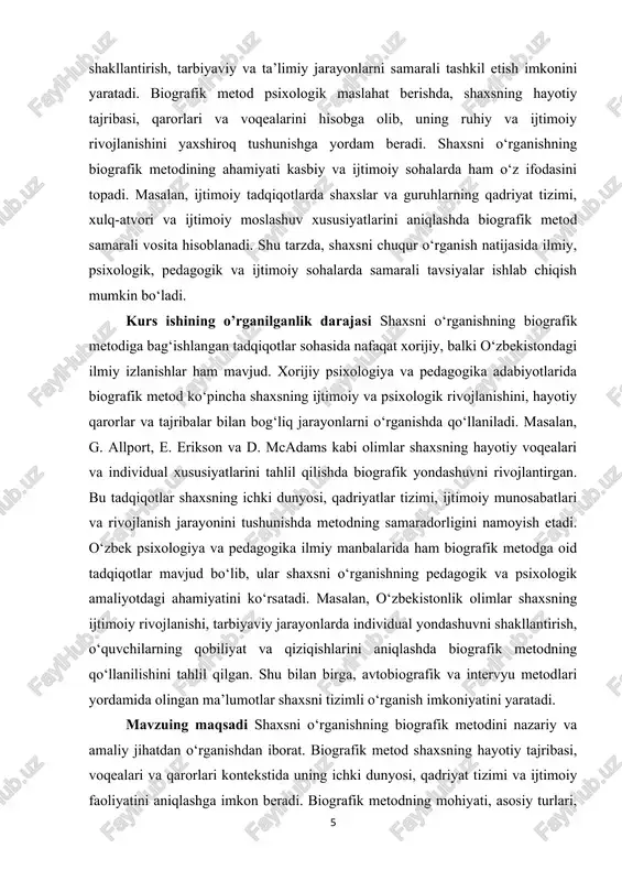 ografik metodning mohiyati, asosiy turlari, afzallik va cheklovlari zamonaviy pedagogik va psixologik tadqiqotlarda qo‘llanilish sohalari batafsil o‘rganiladi. mavzuning vazifalari · biografik metodning nazariy asoslarini o‘rganish va tahlil qilish. · biografik metodning turlari, xususiyatlari va printsiplarini aniqlash. · biografik metodning shaxsni o‘rganishdagi afzalliklari va cheklovlarini tahlil qilish. · biografik metodning pedagogik va psixologik tadqiqotlardagi zamonaviy qo‘llanilishini o‘rganish. · amaliy tadqiqot orqali shaxsni biografik metod yordamida o‘rganish jarayonini tashkil etish va natijalarni tahlil qilish. · tadqiqot natijalari asosida shaxsni rivojlantirish, ta’lim va tarbiya jarayonlarini takomillashtirish bo‘yicha tavsiyalar ishlab chiqish. mavzuning obyekti sifatida shaxsning psixologik, ijtimoiy va individual xususiyatlari tanlangan. shaxsning ichki dunyosi, qadriyat tizimi, qaror qabul qilish jarayonlari, hayotiy tajribalari va ijtimoiy faoliyati tadqiqot obyekti sifatida o‘rganiladi. mavzuning predmeti shaxsni o‘rganishda biografik metodning qo‘llanilishidir. predmet sifatida biografik metod orqali shaxsning hayotiy voqealari, qarorlari va tajribalari tahlil qilinadi. bu metod yordamida olingan ma’lumotlar shaxsning individual xususiyatlarini, qadriyatlar tizimini, ijtimoiy va psixologik rivojlanishini aniqlash …