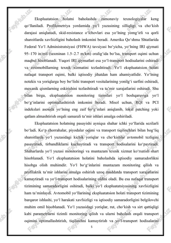 aktik taʼmir ishlarini amalga oshirish uzoq muddatda transport xarajatlarini kamaytiradi va yo‘l-transport hodisalarining oldini oladi. bu esa nafaqat transport tizimining samaradorligini oshiradi, balki yo‘l ekspluatatsiyasining xavfsizligini ham taʼminlaydi. avtomobil yo‘llarining ekspluatatsion holati transport tizimining barqaror ishlashi, yo‘l harakati xavfsizligi va iqtisodiy samaradorligini belgilovchi muhim omil hisoblanadi. yo‘l yuzasidagi yoriqlar, rut, cho‘kish va sirt qattiqligi kabi parametrlarni tizimli monitoring qilish va ularni baholash orqali transport oqimini optimallashtirish, tiqilinchni kamaytirish va yo‘l-transport hodisalarini oldini olish mumkin. yo‘l ekspluatatsiyasi va texnik xizmat ko‘rsatishning samarali tizimi nafaqat transport, balki iqtisodiy va ijtimoiy jihatdan ham strategik ahamiyatga ega. 2. avtomobil harakati parametrlarini belgilash avtomobil harakati transport tizimining samaradorligini va yo‘l xavfsizligini belgilovchi asosiy omil hisoblanadi. avtomobil harakati parametrlarini aniqlash, ularni o‘lchash va tahlil qilish yo‘l ekspluatatsion holati bilan bevosita bog‘liq bo‘lib, transport oqimi, tezlik, tiqilinch, yo‘l-transport hodisalari xavfi kabi ko‘rsatkichlarni o‘z ichiga oladi. ushbu parametrlar transport boshqaruvi, yo‘l loyihalash, ekspluatatsion monitoring va xavfsizlik choralarini belgilashda …