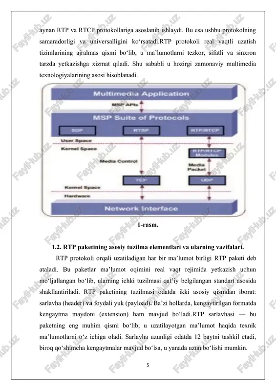 aruv mexanizmlaridan biri hisoblanadi. 3-rasm. ii-bob. rtp paketlarining ishlash jarayoni va tarmoqda qo’llanishi. 2.1. rtp paketlarining uzatilish jarayoni va vaqt sinxronizatsiyasi. rtp paketlarining uzatilish jarayoni real vaqt rejimida ma’lumot oqimini uzatishning asosiy bosqichlarini o‘z ichiga oladi. bu jarayon odatda jo‘natuvchi (sender), qabul qiluvchi (receiver) va tarmoq (network) o‘rtasidagi o‘zaro aloqaga asoslanadi. jo‘natuvchi qurilma — bu audio yoki video signalni ishlab chiqaruvchi manba, masalan, kamera, mikrofon yoki media server bo‘lishi mumkin. bu manbadan olingan signal kodlanadi, rtp formatiga o‘raladi va keyin udp orqali tarmoq bo‘ylab uzatiladi.uzatish jarayoni bosqichma-bosqich quyidagicha kechadi: birinchi navbatda, ma’lumotlar signal shaklida olinadi, so‘ngra ular kodeklar yordamida siqiladi (compression). siqilgan ma’lumot rtp paketlariga joylanadi. har bir paketga sarlavha (header) qo‘shiladi, unda sequence number (ketma-ketlik raqami) va timestamp (vaqt belgisi) kabi maydonlar mavjud bo‘ladi. shundan so‘ng paketlar udp orqali ip tarmog‘i bo‘ylab yuboriladi. udp protokoli tcp dan farqli o‘laroq, kechikishlarni kamaytirish maqsadida tasdiqlov (acknowledgment) mexanizmini ishlatmaydi. tarmoq orqali yuborilgan …