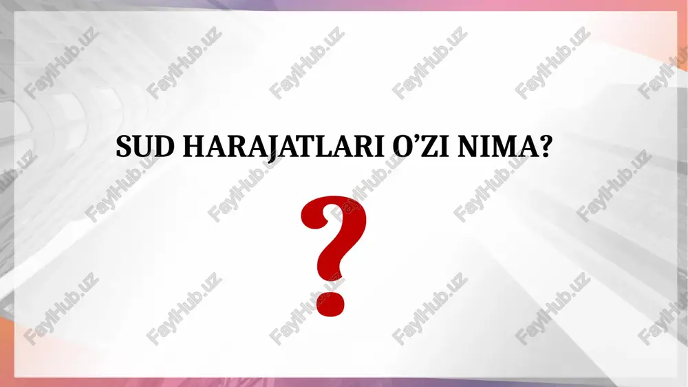 ga, kasalligi, yoshi yoki boshqa uzrli sabablarga ko‘ra sud majlisiga kela olmaydigan shaxslarga nisbatan qo‘llanilmaydi. majburiy keltirish my first template ishni muhokama qilish vaqtida tartibni buzgan shaxsni raislik qiluvchi sud nomidan ogohlantiradi. sud majlisida taraf yoki uchinchi shaxs tartibni buzgan taqdirda, sud tartibbuzarni ishni ko‘rishning hamma vaqtiga yoxud uning bir qismiga majlis zalidan chiqarib yuboradi. ogohlantirish va sud majlisi zalidan chiqarib yuborish my first template sud jarimalari fpkda nazarda tutilgan hollarda solinadi. sud jarimasini solish to‘g‘risida ajrim chiqariladi, uning ko‘chirma nusxasi jarima solingan shaxsga darhol yuboriladi. sud tomonidan solinadigan sud jarimasining miqdori bazaviy hisoblash miqdorining besh baravaridan oshmasligi kerak. sud jarimalari my first template protsessual muddatlar deganda fuqarolik ishlarini sudda ko‘rish va hal qilish bilan bog‘liq protsessual harakatlarni amalga oshirish uchun lozim bo‘lgan vaqt tushuniladi. mazkur muddatlar sud, ishda ishtirok etuvchi shaxslar, odil sudlovni amalga oshirishga ko‘maklashuvchi shaxslar, shuningdek ayrim hollarda ishda ishtirok etmaydigan shaxslarga nisbatan ham belgilanadi. protsessual muddatlar …