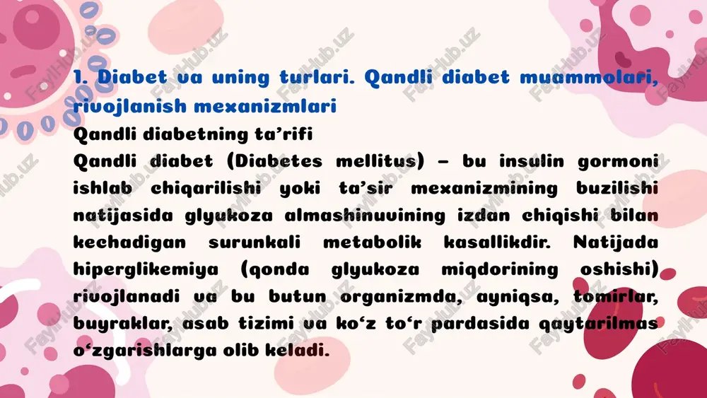 o‘zida abdominal semizlik, insulin rezistentligi, dislipidemiya, arterial gipertoniya va qandli diabetga moyillik bilan kechuvchi holatdir. asosiy belgilar • qorin aylanasining kattalashuvi (erkaklarda >102 sm, ayollarda >88 sm) • qand miqdorining ortishi (≥6,1 mmol/l) • hdl xolesterin kamayishi • triglitseridlarning ortishi • arterial bosim >130/85 mmhg patogenez • semizlik tufayli insulin rezistentligi rivojlanadi. • glyukoza utilizatsiyasi kamayadi → giperglikemiya. • jigarda yog‘ sintezi ortadi → gipertrigliseridemiya. • endotel disfunksiyasi va yallig‘lanish jarayonlari kuchayadi. • ateroskleroz va yurak-qon tomir kasalliklari xavfi ortadi. xulosa modda almashinuvi kasalliklari – bu organizmning biokimyoviy muvozanatini buzuvchi, turli tizimlarga zarar yetkazuvchi kompleks patologiyalar majmuasidir. diabet, ateroskleroz, semizlik va metabolik sindrom bir-biri bilan chambarchas bog‘liq bo‘lib, ularning etiologik omillari (noto‘g‘ri ovqatlanish, harakatsizlik, genetik moyillik, stress) o‘xshashdir. patogenez nuqtai nazaridan barchasida insulin rezistentligi, yallig‘lanish va oksidlovchi stress yetakchi o‘rin tutadi. shu sababli profilaktika choralari – to‘g‘ri ovqatlanish, jismoniy faollik, stressni boshqarish va muntazam tibbiy nazorat modda almashinuvi kasalliklarining oldini …