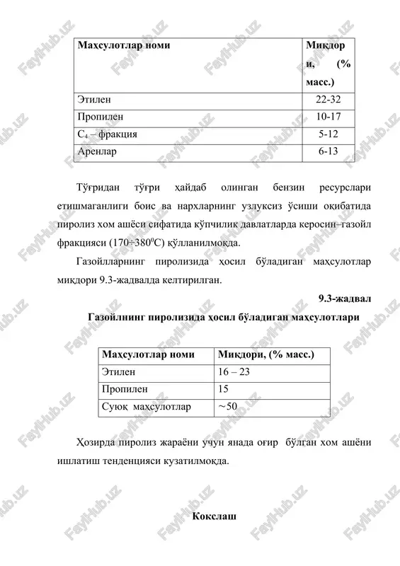 i xildagi distillat va qoldiq xom ashyolar katalitik kreking qilinadi. jarayonning maqsadli vazifasi, 300÷5000s oraliqda haydaladigan xom ashyodan yuqori oktanli benzin olishdan iborat. benzin bilan birga o'rtacha distillat fraktsiyalar, gazoyllar va butan–butilenni yuqori miqdorda saqlovchi gaz hosil bo'ladi. katalitik kreking 450÷5250s haroratda atmosfera bosimiga yaqin (0,06-0,14 mpa) bosimda alyumosilikat katalizatori ishtirokida olib boriladi. katalitik kreking mahsulotlarining miqdori va sifati qayta ishlanayotgan xom ashyo va katalizatorning tavsifiga hamda jarayonning rejimiga bog'liqdir. katalitik kreking qurilmalarida yog'liq gaz, beqaror benzin, engil va og'ir katalitik gazoyl olinadi. ayrim hollarda ligroin ajratib olish ham ko'zda tutiladi. uglevodorodli gaz 80÷90% s3-s4 fraktsiyadan iborat bo'lib, ajratib olingandan so'ng alkillash, polimerlash jarayonlarida, etilen, propilen, butadien, izopren, poliizobutilen, sirt–aktiv moddalar va boshqa neftkimyoviy mahsulotlar ishlab chiqarishda ishlatiladi. benzin fraktsiyasi (qaynashning boshlanishi–1950s)– avtomobil va aviatsiya benzini komponenti sifatida qo'llaniladi. uning tarkibiga arenlar – 20÷30% (mass.), tsikloalkanlar– 8÷15% (mass.) va alkanlar– 45÷50 % (mass.) kirib, fraktsiyaning oktan soni 78-85 (motor usuli …