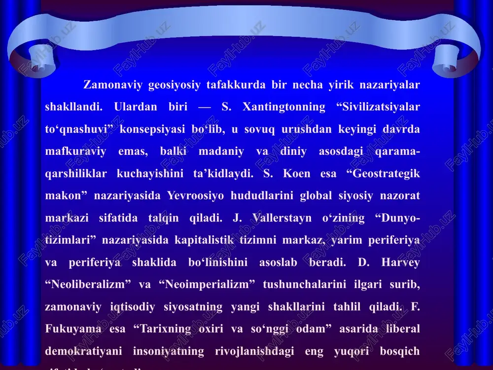 di va liberal qadriyatlar hukmronlik qiladi. bu nazariya dunyo bo‘ylab demokratik boshqaruvni, inson huquqlari va erkin iqtisodiy tizimlarni mustahkamlashga asos bo‘ldi. biroq, tanqidchilar fukuyamaning fikricha tarixiy jarayonlar yakuniy emasligini, ijtimoiy, madaniy va siyosiy omillar ko‘p yo‘nalishlarda rivojlanishi mumkinligini ta’kidlaydi. shu bilan birga, bu nazariya global siyosatdagi yangi xavf va raqobat shakllarini tushunishda nazariy asos sifatida xizmat qiladi. d. harvey nazariyasi bo‘yicha neoimperializm xxi asrda davlatlararo iqtisodiy va siyosiy ta’sirni yangi shakllarda namoyon qilmoqda. g‘arb mamlakatlari global iqtisodiy siyosat orqali rivojlanayotgan davlatlarni nazorat qiladi va resurslarga egalikni o‘z foydasiga ishlatadi. bu yondashuv, ayniqsa, neft, gaz, texnologik resurslar va moliyaviy institutlar ustidan nazoratni kuchaytiradi. neoimperializm nafaqat iqtisodiy, balki siyosiy va madaniy ta’sirlarni ham o‘z ichiga oladi. shu bilan birga, xalqaro institutlar va korporatsiyalar global siyosiy qarorlar va milliy suverenitetni cheklashda faol rol o‘ynaydi. harvey nazariyasi global geosiyosatni tushunish va davlatlar strategiyasini shakllantirishda muhim ilmiy asos bo‘lib xizmat qiladi eʼtiboringiz uchun raxmat image1.png …