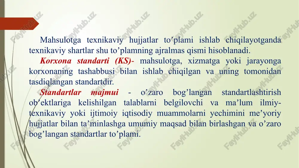 anishi; - metrologik meʼyor, qoida, nizom va talablarning belgilanishi; - standartlashtirish boʼyicha xalqaro tajribadan foydalanishni keng avj oldirish, mamlakatning xalqaro va mintaqaviy standartlashtirishda ishtirok etishni kuchaytirish; - xorijiy mamlakatlarning talablari oʼzbekiston respublikasining xalq xoʼjaligi ehtiyojlarini qondira olgan hollarda ularning xalqaro, mintaqaviy va milliy standartlarining mamlakat standartlari va texnikaviy shartlar tariqasida toʼgʼridan-toʼgʼri qoʼllash tajribasini kengaytirish; - texnologik jarayonlarga talablarni belgilash; mahsulotni standartlashtirish va uning natijalaridan foydalanish sohasida xalqaro hamkorlik qilish yuzasidan ishlarini tashkil qilish; - texnik-iqtisodiy axborotni tasniflash va kodlash tizimini yaratish va joriy etish; - sinovlarni meʼyoriy-texnik jihatdan taʼminlash, mahsulot; sifatini sertifikalash, baholash va nazorat qilish. oʼzbekiston respublikasining standartlarini ishlab chiqish, kelishish, tasdiqlash va roʼyxatga olish tartibi o’zdst 1.1-99 bilan belgilanadi. texnikaviy shartlar o’zdst 1.2-99 da belgilanadi. korxonalar standarti o’zdst 1.3-99 da belgilangan tartibda ishlab chiqariladi, kelishiladi, tasdiqlanadi na roʼyxatdan oʼtkaziladi. toʼqimachilik va yengil sanoat korxonalarida qoʼllanilayotgan asosiy standartlar: texnikaviy shartlar standarti; tajriba uslubining standarti; joylashtirish, taxlash va saqlash standarti; …