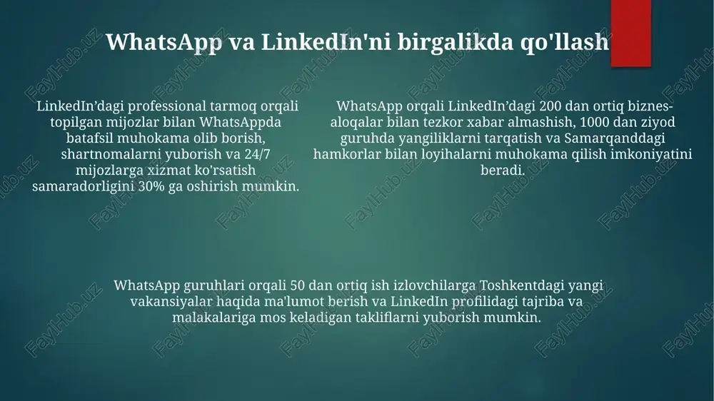 agi marketing boʻyicha menejerlar guruhlari mavjud. whatsapp guruhlari esa koʻpincha shaxsiy aloqalarga asoslangan boʻladi. whatsapp guruhlarida matnli xabarlar, rasmlar va videolar almashish mumkin. linkedin guruhlarida esa bundan tashqari, maqolalar, ishlar takliflari va 300 dan ortiq belgidan iborat muhokamalar olib borish mumkin. whatsapp guruhlari 256 kishigacha a'zolarni qabul qila oladi, linkedin guruhlari esa ancha koʻp, 50 000 dan ortiq ishtirokchini oʻz ichiga olishi mumkin, bu esa professional tarmoqlash uchun keng imkoniyatlar yaratadi. ma'lumot almashish imkoniyatlari whatsapp 2 milliarddan ortiq foydalanuvchisi orqali dunyoning istalgan burchagidan, masalan, toshkentdan nyu-yorkgacha, matnli xabarlar, rasmlar va videolarni tezda almashish imkonini beradi. linkedin professional tarmoq sifatida 800 milliondan ziyod mutaxassisga o'z martaba maqsadlariga erishish uchun, masalan, ish izlash yoki biznes sheriklarini topishda foydali bo'lgan ma'lumotlarni almashish imkoniyatini taqdim etadi. ikkala platforma ham fayllarni, hujjatlarni (masalan, pdf formatida) va turli xil multimedia kontentni 100 mb gacha bo'lgan hajmdagi fayllarni osonlikcha almashish imkonini berib, global miqyosda samarali aloqani ta'minlaydi. …