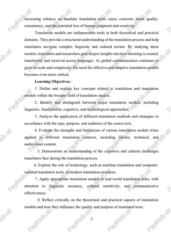 roaches. - to demonstrate the practical application of translation theories and develop real-world translation competence. - to promote collaborative learning and communication skills while reinforcing theoretical knowledge. - to evaluate overall understanding of translation models, methods, challenges, and their application in diverse contexts. i chapter. theoretical frameworks of translation models 1.1. types of translation models translation models are theoretical frameworks that guide how texts are converted from one language to another. they help translators make informed decisions based on the purpose, audience, and context of the translation. three influential models in translation studies are equivalence-based models, skopos theory, and text typology models. translation is a complex and multifaceted process that involves not just the conversion of text from one language to another, but also the interpretation of meaning, context, and cultural nuances. over the years, various models have been developed to understand and guide the translation process. among these, equivalence-based …