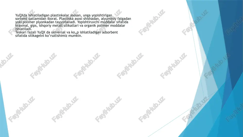 a ularning oqimini nazorat qilish uchun gaz ballonlari, bosim regulyatorlari va oqim datchiklari kerak bo‘ladi. oqim tezligini aniq nazorat qilish xromatografik ajratishning aniqligini belgilovchi muhim omillardandir. ajratish zonasi namuna kiritish tizimi ham xromatografiyaning muhim texnik vositalaridan biridir. bu mexanizm yordamida namunani ustunga yoki ajratish zonasiga belgilangan hajmda va aniqlikda yuborish ta’minlanadi. suyuqlik xromatografiyasida bu jarayon avtomatik injektorlar yordamida amalga oshiriladi. 2.2 xromatografik usul bilan ba‟zi bir metall ionlarini ochish va ajratish ishdan maqsad: yupqa qatlamli xromotografiya usili bilan moddalarni analiz qilish va kolonikali xromatografiya usulida moddalarni ajratishdan ibrat. kerakli asbob va reaktivlar: shisha plastinka, alyuminiy oksid, shisha valik, analiz qilinayotgan modda, shisha vazma, qalam, chizg`ich. sorbentning yupqi qailamida «xromotografiyalash juda oz miqdordagi moddalarni ajratishda qo`llaniladi, bunda aralashma qisqa vaqt ichida sorbentning yupqa qatlamida ajratiladi. yupqa qatlamli sorbent tayyorlashning ikki xil usuli bor: yopishgan va yopishmagan qatlamlar xosil qilish sulifol plastinkasi sorbenti yordamida xromatografik ajratish va analiz qilish: buning uchun maxsus …