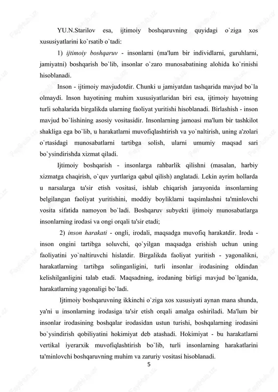 yatini yo`naltiruvchi hislatdir. birgalikda faoliyat yuritish - yagonalikni, harakatlarning tartibga solinganligini, turli insonlar irodasining oldindan kelishilganligini talab etadi. maqsadning, irodaning birligi mavjud bo`lganida, harakatlarning yagonaligi bo`ladi. ijtimoiy boshqaruvning ikkinchi o`ziga xos xususiyati aynan mana shunda, ya'ni u insonlarning irodasiga ta'sir etish orqali amalga oshiriladi. ma'lum bir insonlar irodasining boshqalar irodasidan ustun turishi, boshqalarning irodasini bo`ysindirish qobiliyatini hokimiyat deb atashadi. hokimiyat - bu harakatlarni vertikal iyerarxik muvofiqlashtirish bo`lib, turli insonlarning harakatlarini ta'minlovchi boshqaruvning muhim va zaruriy vositasi hisoblanadi. shu o`rinda ta'kidlab o`tish lozimki, “hokimiyat” va “mulkchilik” tushunchalari bir-biriga juda yaqindir. mulkchilik - mol-mulkdan foydalanish, egalik qilish va tasarruf etish hisoblansa, hokimiyat - inson harakatlaridan foydalanish va tasarruf etishdir; 3) ijtimoiy boshqaruvning yana bir xususiyati shundaki, boshqariluvchilarning yuqori darajadagi mustaqillikka, irodaning erkinligiga ega bo`lishidir. ijtimoiy boshqaruvning obyekti: insonlar, jamoalar - iroda va ongga, o`rab turgan muhitni tahlil qilishga, xulq-atvor (yurish-turish)ning ma'lum bir ko`rinishlarini tanlab olish xususiyatiga egadir. ijtimoiy tizimda boshqaruv subyektlari va …