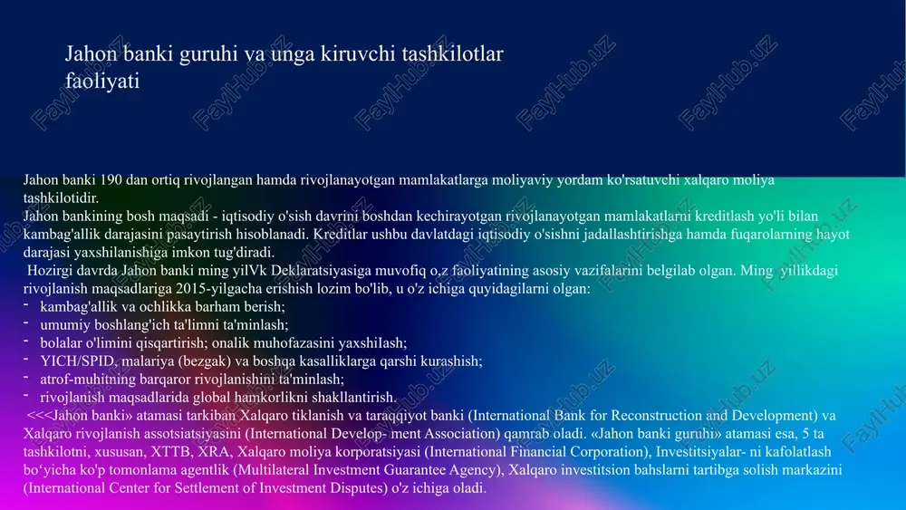 hu bilan birga ikka siyosiy risklardan sug'urtalashni yoki rivojlanayotgan mamlakatlarga xorijiy to'g'ri investitsiyalarni rag'batlantirish maqsadida kafolat berishni amalga oshiradi. investitsion bahslarni hal qilish bo'yicha xalqaro markaz (ing. icsid - international centre for settlement of investment disputcs) - yuqorida ko'rib o'tgan tashkilotlarimizdek jahon banki guruhiga kirllvchi mustaqil xalqaro tashkilot bo'lishi bilan bir qatorda bmtning maxsus tashkiloti ham hisoblanadi. investitsion bahslarni hal qilish bo'yicha xalqaro markazning maqsadi bo'lib, xalqaro investitsion bahslarni hal qilish va tomonlarni o'zaro murosaga keltirish uchun huquqiy imkoniyatlarni ta'minlash hisoblanadi. markaz xususiy investitsiyalar yo'lidagi tashqi iqtisodiy to'siqlarni bartaraf etishga qaratilgan hamda davlatlar va xususiy investorlar o'rtasidagi bahslarni hal qiluvchi xalqaro mustaqil arbitraj tashkiloti sifatida qaraladi. xx asrning 60-yillarida osiyo, afrika va lotin amerikasidagi rivojlanayotgan mamlakatlar hamkorligini kengaytirish va ushbu mintaqalardagi o'ziga xos muammolarni yechish uchun mintaqaviy rivojlanish banklari tashkil etildi. mintaqaviy valuta-kredit tashkilotlarining maqsadi bo'lib, mintaqa mamlakatlarida ijtimoiy taraqqiyot va iqtisodiy rivojlanishni qo'llab-quvvatlash, qashshoqlik va qarzdorlik darajasini kamaytirish hamda …