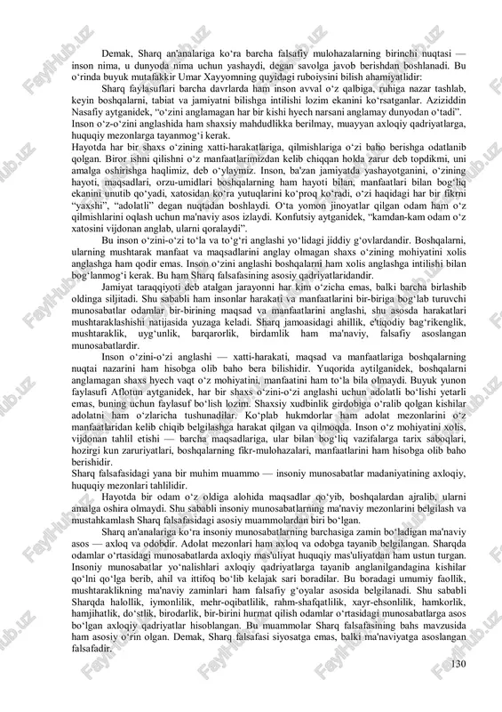 ‘nggi yillarda siyosatning quli va siyosatchilarning quroliga aylanib qolgan maddohlik falsafasi inqirozga uchradi va uchramoqda. falsafaning mohiyati va unga asos bo‘lgan insonparvarlik g‘oyalariga noto‘g‘ri yondoshishning ko‘plab sabablari bor. bulardan biri – g‘arb mamlakatlarida xvii – xviii asrlarda boshlangan, xx asrga kelib nihoyatda chuqurlashgan texnogen sivilizatsiya va uning ijtimoiy, siyosiy, ma'naviy oqibatlaridir. 128 texnogen sivilizatsiyasi natijasida, ayniqsa, uning so‘nggi davrlarida, falsafiy ta'limotlarning mohiyati va ahamiyatini noto‘g‘ri tushunish, bu boradagi tarixiy an'ana va qadriyatlardan chekinish boshlandi. falsafiy muammolar konkret insonning mohiyati va manfaatlaridan ajralgan nazariy qarashlar tizimi sifatida talqin etila boshladi. inson muammosi ko‘plab yangi falsafiy ta'limotlarda ikkinchi o‘ringa tushib qoldi, inson ruhini turg‘unlik va tushkunlikka chorlovchi ta'limotlar maydonga kela boshladi. falsafaga noto‘ri munosabatning shakllanishi, uning mohiyati va ahamiyatini soxtalashtirilishining yana bir sababi – o‘ta siyosiylashgan, kishilarni keskin inqilobiy to‘ntarishlarga, murosasiz sinfiy kurashlarga chorlovchi markscha falsafaning paydo bo‘lishi, xx asr boshi va o‘rtalarida dunyoning ayrim mintaqalarida tarqalishi edi. xo‘sh, bu ikki omilni …