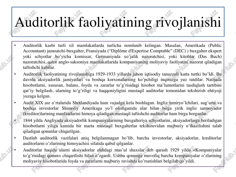tekshiriladi); balans usuli (korxonadagi hodisalar, jarayonlarni rasmiylash-tirish, dastlabki ma’lumotlarni umumlashtirish orqali nazorat qilish). 3.o’zbekiston respublikasining moliyaviy nazorat tizimida auditning tutgan o’rni va fanning boshqa fanlar bilan o’zaro bog’liq jihatlari davlat moliyaviy nazoratining ob’ekti bo’lib, o’zbekiston respublikasi byudjeti va boshqa qonunchilikka rioya qilinishini tahlil qilish va tekshirish orqali uning buzilishiga yo’l qo’ymaslik, buzilish holati sodir bo’lsa, aniqlash va kamchiliklarni bartaraf etish hisoblanadi. huquqiy asoslari 1. vazirlar mahkamasining 2017-yil 24-oktabrdagi 870-son o‘zbekiston respublikasi moliya vazirligining davlat moliyaviy nazorati bosh boshqarmasi to‘g‘risida qarori. 2. o‘zbekiston respublikasining 2019-yil 1-iyuldagi o‘rq- 546 sonli o‘zbekiston respublikasining hisob palatasi to‘g‘risida qonuni. 3. o‘zbekiston respublikasining 2021-yil 24-maydagi “auditorlik faoliyati to‘g‘risida”gi qonuni davlat moliyaviy nazorati quyidagicha guruhlashtiriladi: nazoratni amalga oshiruvchi organning bog’liqligiga qarab, ichki va tashqi davlat moliyaviy nazoratiga bo’linadi; byudjetning tegishli darajasiga bog’liq holda, davlat boshqaruvi darajasiga ko’ra respublika va mahalliy darajada amalga oshiriladi. davlat moliyaviy nazorati organlari tizimiga quyidagilar kiradi: o’zbekiston respublikasi hisob palatasi; o’zbekiston respublikasi moliya …