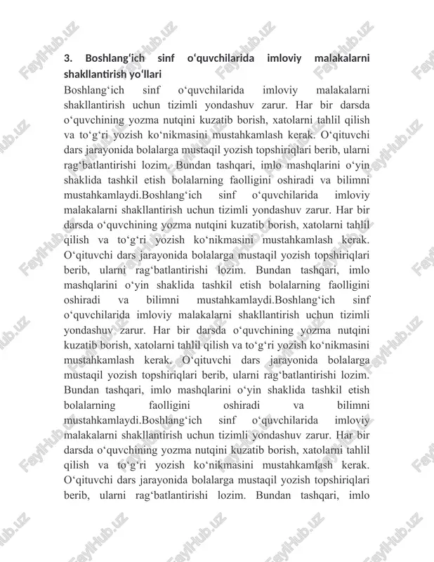 utqini kuzatib borish, xatolarni tahlil qilish va to‘g‘ri yozish ko‘nikmasini mustahkamlash kerak. o‘qituvchi dars jarayonida bolalarga mustaqil yozish topshiriqlari berib, ularni rag‘batlantirishi lozim. bundan tashqari, imlo mashqlarini o‘yin shaklida tashkil etish bolalarning faolligini oshiradi va bilimni mustahkamlaydi. [3] xulosa boshlang‘ich sinflarda punktuatsiya elementlari va orfografiyani o‘rgatish jarayoni o‘quvchilarning yozma nutqini rivojlantirish, fikrni to‘g‘ri ifodalash va til madaniyatini oshirishga xizmat qiladi. metodik yondashuvlar, o‘yinli mashg‘ulotlar va innovatsion usullar bu jarayonni samarali qiladi. o‘qituvchining maqsadi – o‘quvchilarda yozma nutq madaniyatini shakllantirishdir. [9] foydalanilgan adabiyotlar 1. g‘. abdurahmonov, a. shomaqsudov. ona tili o‘qitish metodikasi. – toshkent: o‘qituvchi, 2019. 2. a. g‘ulomov, sh. yusupova. til o‘rganish psixologiyasi va metodikasi. – toshkent: tdpu, 2020. 3. n. to‘xtaboeva. boshlang‘ich ta’limda yozma nutqni rivojlantirish. – toshkent: fan va texnologiya, 2021. 4. o‘zbekiston respublikasi davlat ta’lim standarti. – toshkent, 2020. 5. boshlang‘ich sinf ona tili darsliklari (1–4-sinflar). – toshkent: o‘zbekiston nashriyoti, 2022. 6. sh. xolmatov. ona tili metodikasi. …