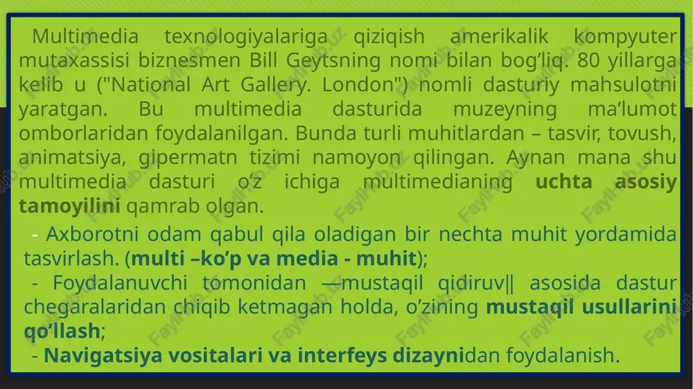 y hosil qilish mumkin? microsoft power point dasturida diagrammalar qanday yaratiladi? animatsiya nima? uni qanday sozlash mumkin? slaydlarni qanday namoyish etish usullari bor? slaydni namoyish etish vaqtini qanday aniqlasa bo’ladi? slaydlar yaratishning namunaviy ko’rinishlari qaysilar va ularni ochish tartibini aytib bering. onlayn rejimida taqdimotlar tayyorlash vositalariga nimalar kiradi? prezi dasturi imkoniyatlarini sanab bering. prezi.com da ro‘yxatdan o‘tishni tusuntirib bering. prezi dasturida yangi taqdimot yaratish qanday amalga oshiriladi? taqdimotga ob’ektlarni joylashtirish yo’llarini ayting. tayyor taqdimotni namoyish qilish qanday amalga oshiriladi? adabiyotlar: evans v., dooley j., wright s. information technology izdatelstvo: express publishing gromov yu.yu. informatsionnie texnologii. tambov 2015 zaxarova i.g. informatsionnie texnologii v obrazovanii. moskva academ'a 2003 david watson and helen williams computer science//igcse is the registered trademark of cambridge international examinations. buyuk britaniya/hodder education. an hachette uk company london nw1 3bh 2014, 278p. e’tiboringiz uchun rahmat image2.png image3.png image4.png /docprops/thumbnail.jpeg