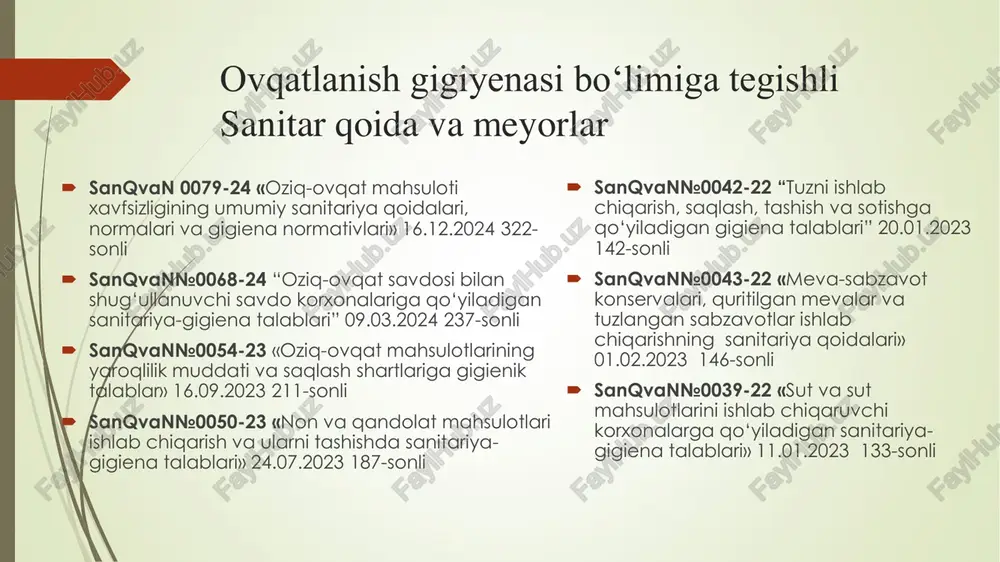 lar” 15.11.2021 za № 54  sanpin№0361-18 "uran ishlab chiqarishdan olingan radioaktiv chiqindilarni ko'mish joylarida atrof-muhitning radioekologik monitoringi" №6-21/3-12336/6 ot 23.07.18  sanqvan№0060-23 «radiochastotalarning elektromagnit maydonlari manbalari bilan ishlashning sanitariya qoidalari va normalari» 28.12.2023 227-sonli  sanpin№0358-18 "metal parchalarini sotib olish, tashish, foydalanish va sotishda radiatsiyaviy xavfsizlikni ta'minlash uchun gigienik talablar" №6-21/3-11823/6 ot 13.07.18 epidemiologiya bo‘limiga tegishli sanitar qoida va meyorlar  sanqvan№0073-24 “qon bilan ishlash xizmati tashkilotlariga sanitariya qoidalari, normalari va gigiena normativlari” 15.08.2024 273-sonli  sanqvan №0020-22 “davolash-profilaktika muassasalarini loyihalashtirish, qurish va ekspluatatsiya qilishning sanitariya qoidalari, normalari va gigiena normativlari” 1-sonli qo’shimchalar va o’zgartirishlar kiritish 26.02.2024 234-sonli  sanqvan №0239-07/4 “o’zbekiston respublikasida yuqumli kasalliklar immunoprofilaktikasi” 19.07.2021 № 31  sanqvan№0072-24 “plazma markazlarining sanitariya qoidalari va normalari” 20.05.2024 251-sonli  sanqvan №0034-22 “o’zbekiston respublikasi hududiga karantinli, o’ta xavfli va boshqa yuqumli kasalliklarning chetdan kirib kelishi va tarqalishidan muhofaza qilish bo’yicha sanitariya qoidalari, normalari va gigiena normativlari” 14.09.2022 109-sonli  …
