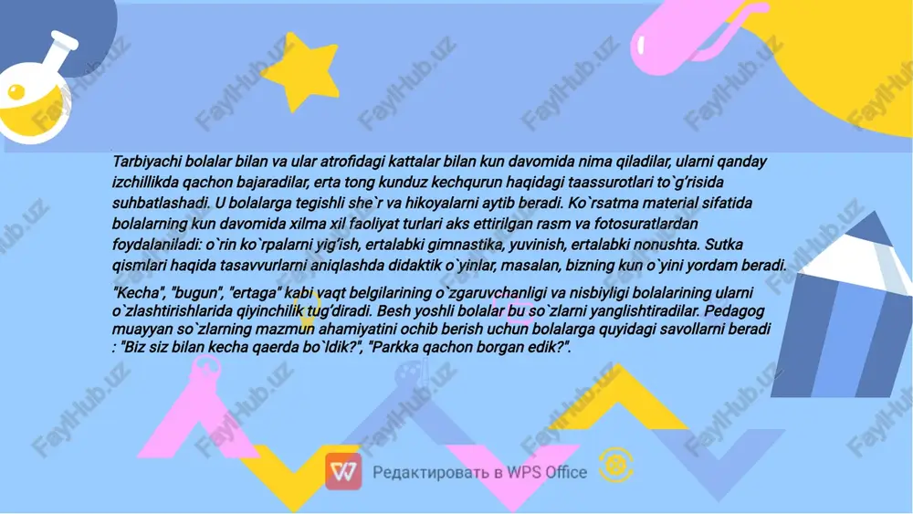 tga moslashish, bilimlarining o`zlashtirishning bog’liqligi, qobiliyatlarining rivojlanishi ko`rinadi. maktabga kelgan ko`pchilik bolalarda vaqtni o`zlashtirmaganligi bir qancha qo`shimcha qiyinchiliklarni tug’diradi. birinchi sinf o’quvchilari darsga kechikmasliklari, o`z vaqtida uyiga berilgan topshiriqlarni bajarib borishlari kerak, bularning hammasiga ulgurushlari kerak. d = + . bu talablarning hammasiga to`liq javob berish uchun bolalarni bog’cha yoshidan tarbiyalangan va tayyorlangan bo`lishi kerak. = + a kuzatuvlar shuni ko`rsatadiki, katta maktab yoshidagi bolalar vaqt intervallari, vaqt qismlarini, o`z harakatlari bilan bog’liq holda olib bora oladilar. ular o`zlari mustaqil vaqt oraliqlarini baholay oladilar. o`z harakatlarini ma`lum harakatda boshlab, ma`lum vaqtda tugata oladilar.