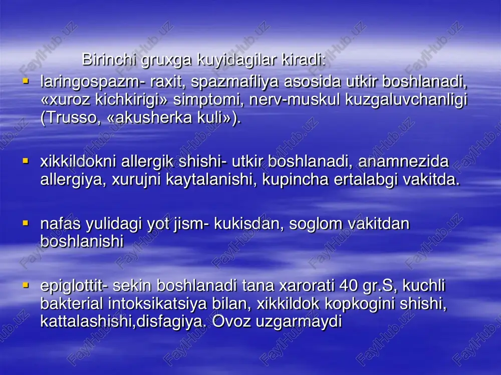 aini yalliglanishi bulib, bunda stenoz xikildok utkazuvchi yulini shishi va mushaklarini reflektor kiskarishi xisobiga kelib chikadi.  kuprok 3 yoshgacha bulgan bolalarda rivojlanadi. asosiy sabablari  utkir respirator virusli kasalliklar (paragripp, gripp, adenovirusli infeksiya, rinosintitsial infeksiya).  bakteraal nnfeksiyalar (streptokokli, stafilokokkli).  tez rivojlaauvchi allergik reaksiyalar (kvinke shishi, anafalaktik shok). stenozni 4 ta ogirlik darajasi ajratiladi:  1) kompensatsiya  2) subkompensatsiya  3) dekompensatsiya  4) asfiksiya differensial diagnostika  chin krup- difteriya etiologiyali,  xikildokni allergik shishi,  xalxumlarni abssessi,  epiglotit,  xikildokdagi yot jism,  obstruktiv bronxit va spazmofiliyadagi laringospazm bilan utkaziladi. shoshilinch yordam:  bemor yotgan xolatda bulishi va toza xavo bilan taminlanishi kerak. odatdagi ilik ovkatlar beriladi.  muolajalar:  xantal kogoz,  ko'l oyoklarga issik vanna,  ko'krak kafasi va bo'yin soxasiga spirtli kompress qilinadi. i darajali stenozda:  burun yuliga kon-tomirni toraytiruvchilardan (0,05% li naftizin yoki galazolin eritmasi) tomiziladi.  ultratovush ingalyatsiya …