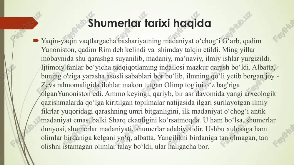 an bo‘lib, milodiy taxminan iv asrlarda yozib ol ingan. “maxobxorat” va “ramayana” qadimgi hind adabiyotining cho‘qqisi hisoblanadi. “maxobxorat” 200 ming misradan iborat bo‘lib, hajman “iliada” va “odisseya”dan 8 marta ko‘pdir. “panchatantra” hamda “kalila va dimna”. qadimgi h i n d a d a b i y - e s t e t i k t a f a k k u r m i n g n o d i r durdonalaridan biri “panchatantra” (besh kitob) asari milodning iii-iv asrlarida vujudga kelgan. qadimgi misr adabiyoti  “piramidalar kitobi” eramizdan 3 ming yil oldingi davrga oid bo‘lib, marhumlarga bag‘ ishlangan. marhum u dunyodanimalar qilishi kerakligi haqida devorlaiga yozuvlar shaklida bitilgan. demak, kitob_x0002_ning mohiyati marhum kulti bilan bog‘liq, ya’ni o‘limni yengib o‘tish, vaqt ustidan g‘ol ib kel ish, mangulikka erishish to‘gris idadir. tahl i l_x0002_lar bu matnlaming folklor ohanglari bilan uyg'unligini ko‘rsatmoqda.  u y g ‘ u n l i k …
