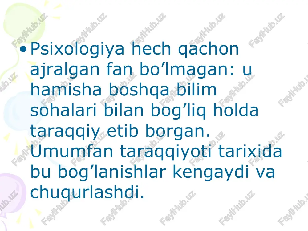 raro munosabatlar, fanlar o'rtasidagi uyg'unlik muayyan tizimlashuvi sabab va oqibatlarning mujassamlashuvini ta'minlash imkoniyati. psixologiya tarixining asosiy metodi o’tmish ilmiy sistemalarini tasvirlar va ularni tahlil qiluvchi nazariy rekonstruktsiya metodidir. nazariy rekonstruktsiya ilmiy kontseptsiyalar, muammolar, tadqiqot metodlarini predmet mantiqiga mos ravishda tarixiy ketma-ketlikda reprospektiv qayta tiklash imkonini beradi. tarixiy tadqiqot yo’nalishining bitta turi ilmiy maktablar hisoblanadi. arxiv materiallarini o’rganish, izlanish, sharhlash, izoh berish, yo’naltirishni talab qiladi. psixologiya tarixida intervyu metodidan foydalaniladi. biografik va avtobiografik metodlar ham psixologiya tarixida ko’p qo’llaniladi. ilmiy ishlardan sitatalar keltirish chastotasini tahlil qilish ham tarixiy psixologik metodlardan hisoblanadi. tarixiy psixologik faktorga munosabatini aniqlash va ularga baho berish uchun anketa metodidan foydalaniladi. psixologiyaning o’tmishi to’g’risidagi ma’lumotni faqat bir-biri bilan almashgan falsafa sistemasini saqlab qolmay, uni tabiiy fanlar ayniqsa biologiya, tibbiyot, pedagogika, sotsiologiya kabi fanlar ham saqlab qolgan. xix asrning oxiri xx asrning boshida psixologiyaning o’tmishiga, qiziqish kuchaydi. bu yillar psixologiyani uyg’onish davri deb hisoblanadi. xx asr 10-yillarda psixologiyani o’sha …