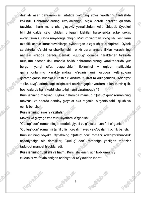uchun ahamiyatli bo‘lgan katta ijtimoiy masalalarni olg‘a sura oluvchi kuchga aylanadilar. oybek asar qahramonlari obrazini yaratishda ruhiy tasvirning o‘ziga xos yo‘lidan borgan. u yo‘lchi va gulnor obrazlari mohiyatini ochishda ular hatti- harakatlari tasviriga e’tiborini qaratgan bo‘lsa, mirzakarimboy o‘zining insoniy mohiyatini o‘z so‘zlari bilan ochadi. bu so‘nggi tasvir usuli yormat obrazini yaratishda yozuvchiga yordamga keladi. asarning tili va uslubi, xarakterlar ruhiyatini belgilashda oybek abdulla qodiriy izidan emas, ko‘proq yozuvchi cho‘lpon orqasidan borgan ko‘rinadi. yozuvchining tasvir uslubida ritm muhim rol o‘ynaydi. oybek, cho‘lponning 1. 1 www.ziyouz.com kutubxonasi 8 «kecha va kunduz» romanida bo‘lgani kabi, asar muqaddimasi (ekspozitsiyasi) ga katta o‘rin ajratadi; voqealar g‘oyat sust rivojlanib boradi. ammo qahramonlar obrazi yorqinlashib, kurash maydoni bir qadar yorishgach, harakat keskin rivojlanib ketadi. bunday o‘rinlarda tasviriy tafsillar ham, peyzaj ham qahramonlarning nutqlari ham nihoyatda qisqaradi. kitobxon asarni o‘qir ekan, oybekning iste’dodlik yozuvchi, xassos shoir ekanligini aslo unutmaydi. xulosa qilib aytganda, oybekning «qutlug‘ qon» romani xarakterlari ruhiyatidagi …