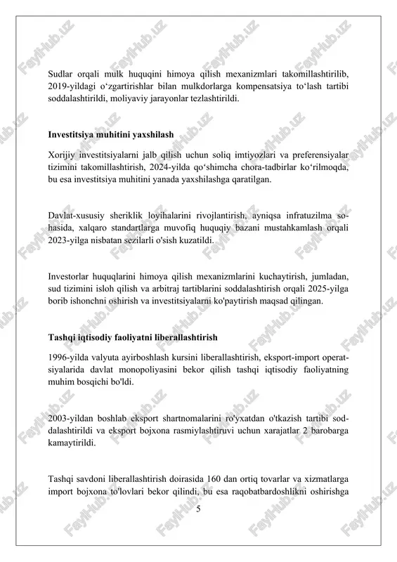 , bu orqali 2023-yilda 1,2 milliondan ortiq oila moddiy yordam oldi. uy-joy kommunal xizmatlari toʻlovlari uchun subsidiyalar beriladi, bu orqali kam taʼminlangan aholining 50% dan ortigʻi kommunal toʻlovlarini qoplashda koʻmak oladi. 2024-yilda “saxovat va koʻmak” jamgʻarmasi orqali 700 mingdan ziyod kam taʼminlangan fuqaroga 500 milliard soʻmdan ortiq moddiy yordam koʻrsatildi. taraqqiyot modelining natijalari va istiqbollari o'zbekiston taraqqiyot modelining dastlabki natijalari 1990-2000 yillarda iqtisodiy pasayishning oldini olishga va makroiqtisodiy barqarorlikni ta'minlashga qaratilgan edi. keyingi bosqichda, 2000-2016 yillarda, sanoatni diversifikatsiya qilish va eksportni rivojlantirish orqali barqaror iqtisodiy o'sishga erishish ustuvor vazifa sifatida belgilandi. kelajakda, 2030 yilgacha mo'ljallangan taraqqiyot strategiyasi inson kapitalini rivojlantirish, innovatsiyalarni qo'llab-quvvatlash va raqamli iqtisodiyotga o'tishni maqsad qilgan. xulosa o'zbek modeli iqtisodiy islohotlarning bosqichma-bosqichligi, kuchli davlat roli va ijtimoiy yo'naltirilganligi bilan ajralib turadi. foydalanilgan adabiyotlar 1. karimov, i.a. (1992). o'zbekiston - bozor iqtisodiyotiga o'tishning o'ziga xos yo'li. toshkent: o'zbekiston. 2. g'ulomov, s.s. (2003). o'zbekiston iqtisodiyoti: islohotlar yo'li. toshkent: sharq. 3. …